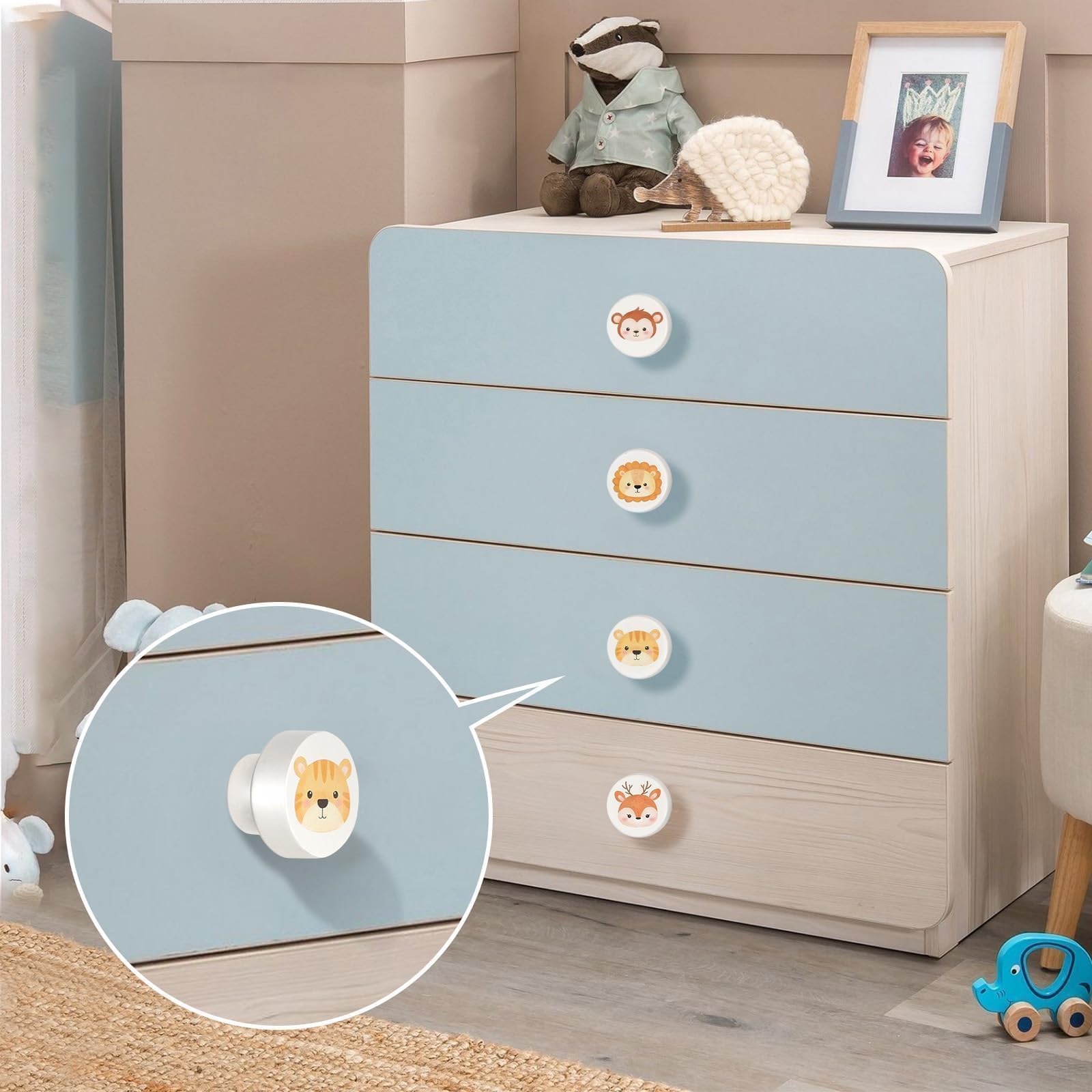 Pomelli in Legno per Armadi e Cassetti, Manopole Bianche 35 mm con Design Animali per Camera Bambini