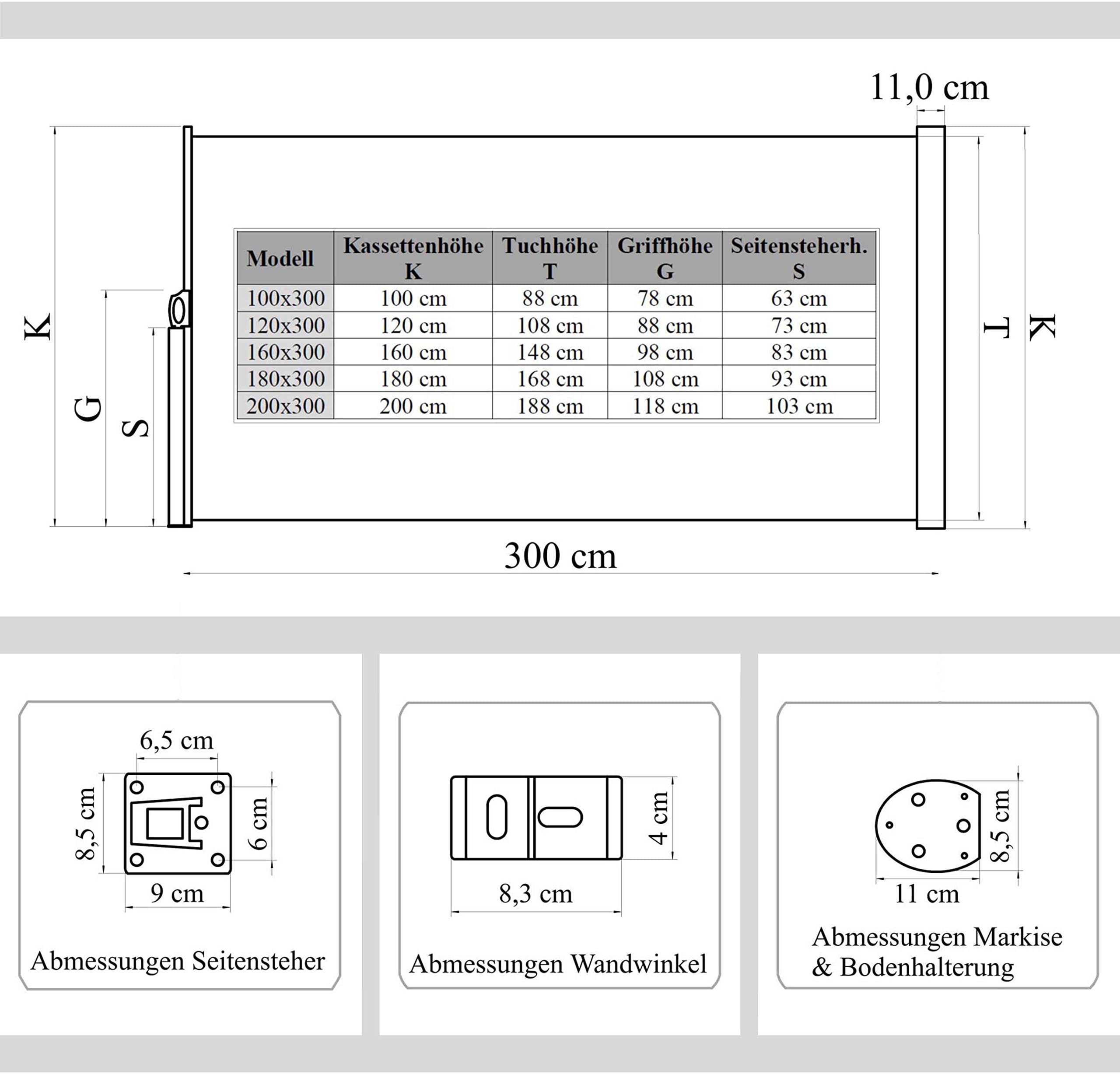 vanvilla Seitenmarkise 180x300 cm ausziehbar Sichtschutz Terrasse Sonnenschutz Terrasse Windschutz Terrasse Seiten Markise Boden- oder Wandmontage Balkon Sonnenschutz Grau/Anthrazit