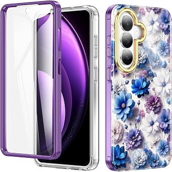 Hocase for Galaxy S26 Plus Case, with Built-in Screen Protector Shockproof Slim Soft TPU+Hard Plastic Full Body Protective Case for Samsung Galaxy S26 Plus 6.7" Display - Blue Purple Flowers