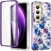 Hocase for Galaxy S26 Case, with Built-in Screen Protector Shockproof Slim Soft TPU+Hard Plastic Full Body Protective Case for Samsung Galaxy S26 6.3" Display - Blue Purple Flowers