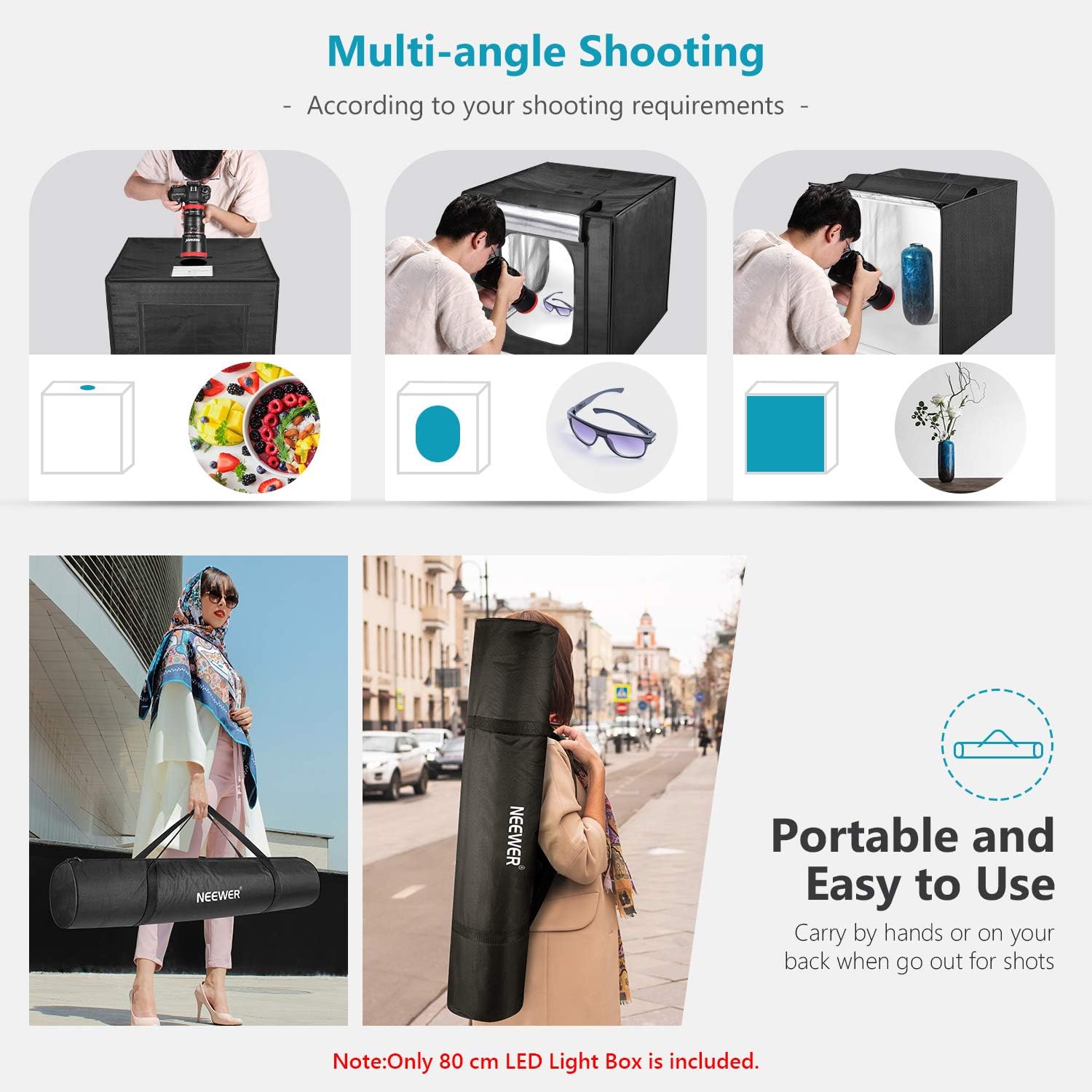 Image showing three rolled backgrounds (black, white, orange) and examples of a product photographed against each color, highlighting the waterproof, dust-proof, anti-wrinkle, and non-reflective properties.