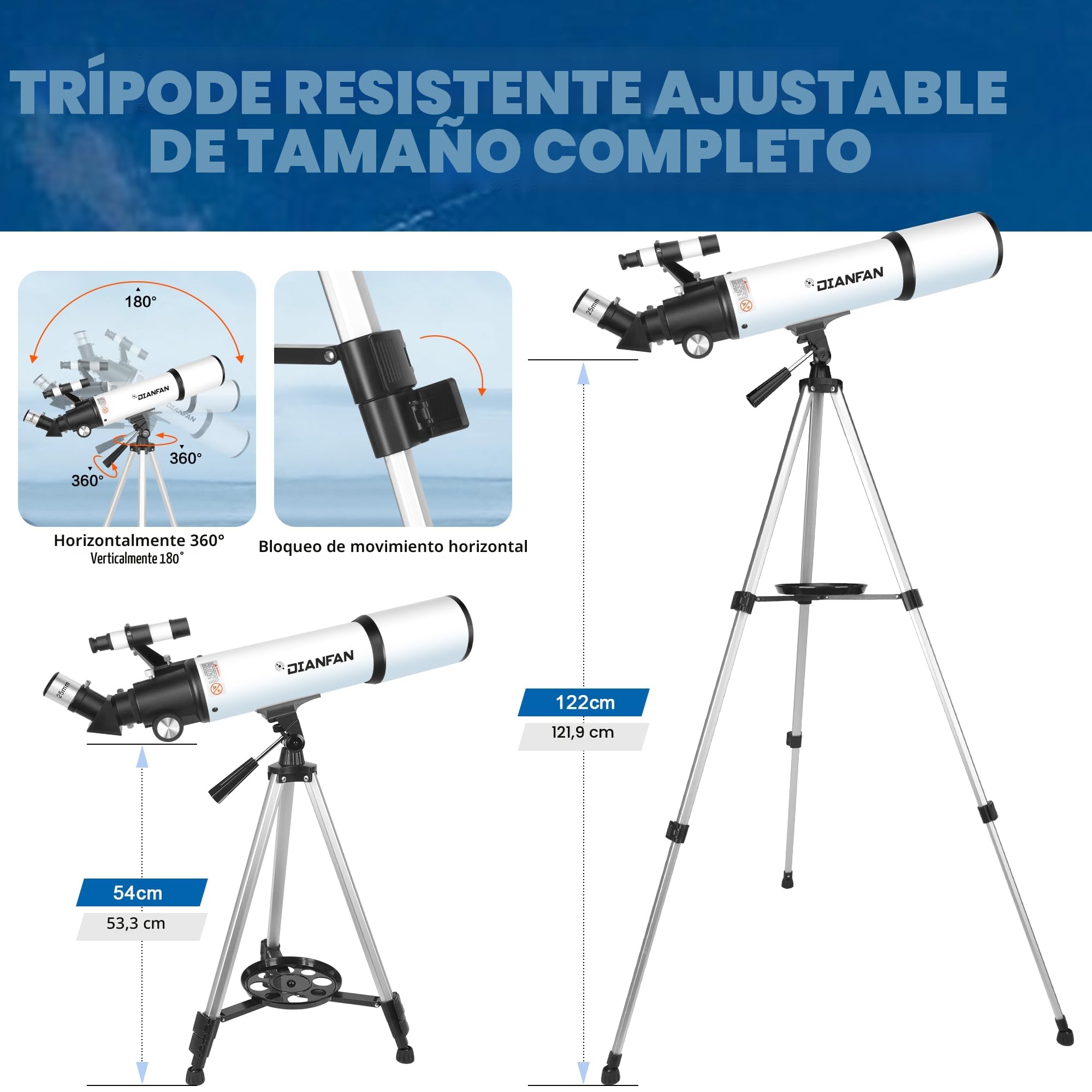 Dianfan Telescopio,80mm Apertura 600 mm Telescopio Astronómico para Adultos Principiantes en Niños,Potente Profesional Refractor Alta Transmisión,con Montaje AZ,Trípode,Adaptador de Teléfono y Bolsa