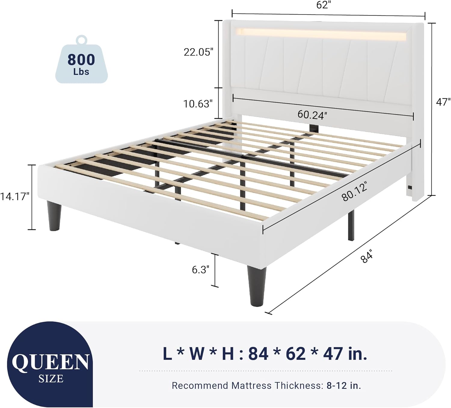 Allewie Queen Size LED Bed Frame with Charging Station, Velvet Upholstered Platform Bed with Geometric Wingback Headboard, Modern Frame with No Box Spring Needed, Easy Assembly, White - Image 2