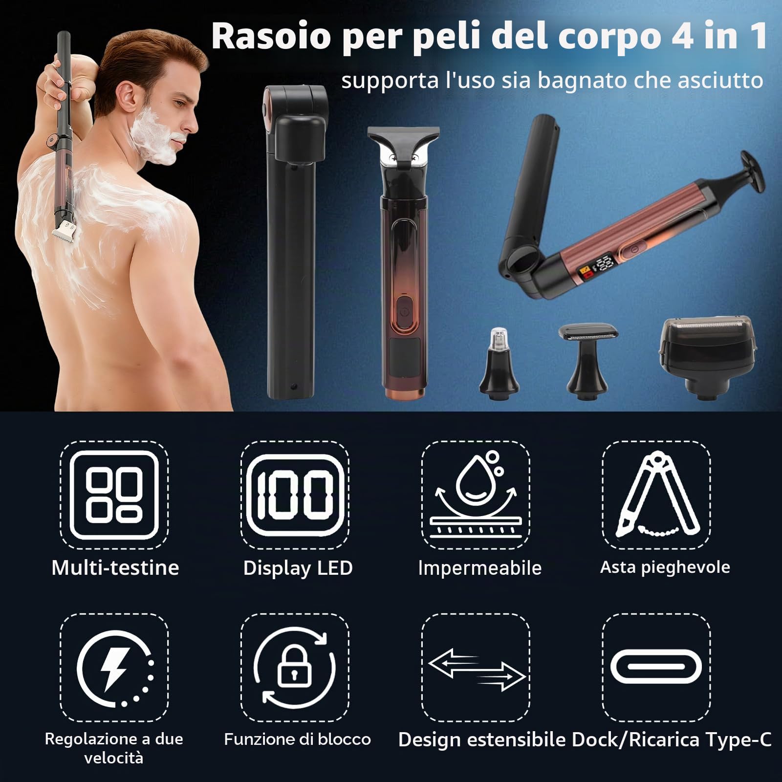 Rasoi per la schiena da uomo, 4 in 1, con manico di estensione regolabile, testine di ricambio, spazzola per la pulizia, kit elettrico per la toelettatura del corpo per schiena e petto