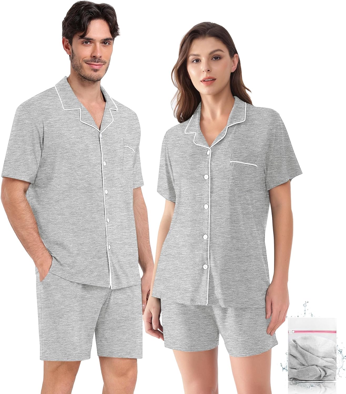 Matching Couple Pajamas Set, Cotton Button-Down PJs with Pocket, His & Hers Pajama Set, Gifts for Couples, S-XXXL