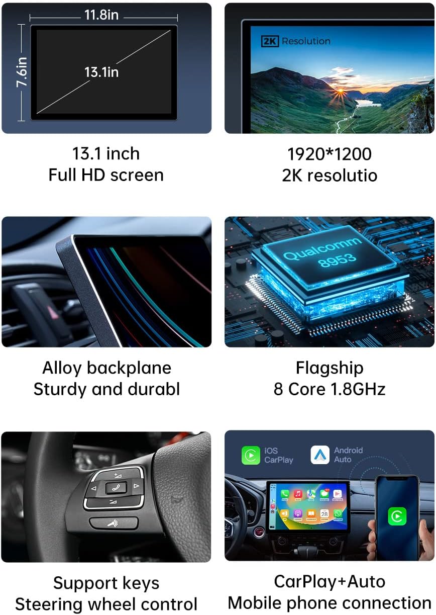 Diagram showing the dimensions of the 13.1 inch screen and the main unit, along with features like alloy backplane, 8-core processor, steering wheel control support, and CarPlay/Android Auto.