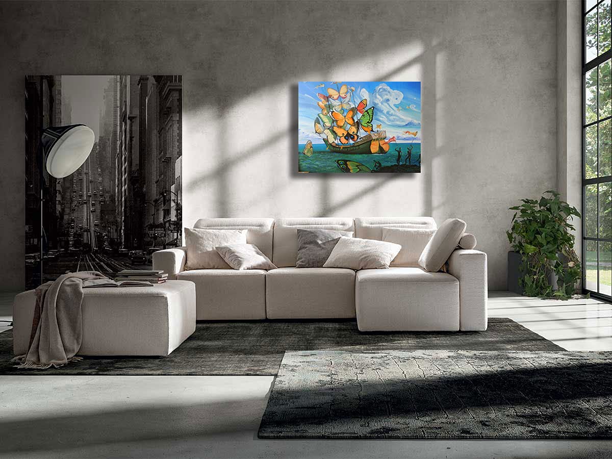 Quadro moderno DALI Salvador dalì barca mare farfalla RIPRODUZIONE STAMPA SU TELA Quadri Moderni Moderno Astratto Arte Cucina Soggiorno Camera da letto printerland.it (50x70 cm)