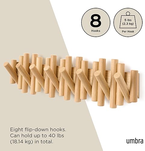 Miniatura 5 de Umbra Perchero con 8 ganchos  Perchero de pared natural con ganchos de madera abatibles, almacenamiento decorativo de pared de madera de pino real