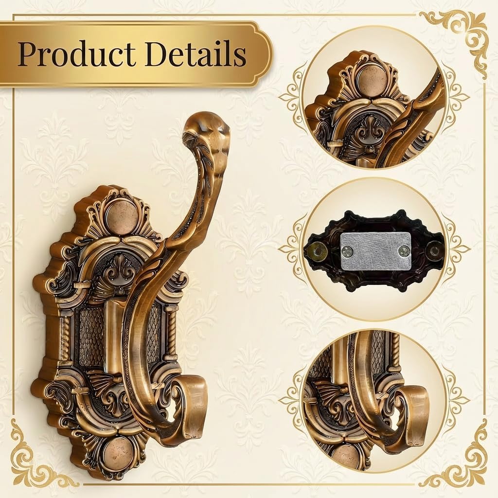 Antique Gold Vintage Coat Hooks，Heavy Duty Wall Mounted，Vintage Hooks for Wall，Towels, Keys & Purse – Rust Resistant & Easy Installation Kit Included (6, Antique Gold)
