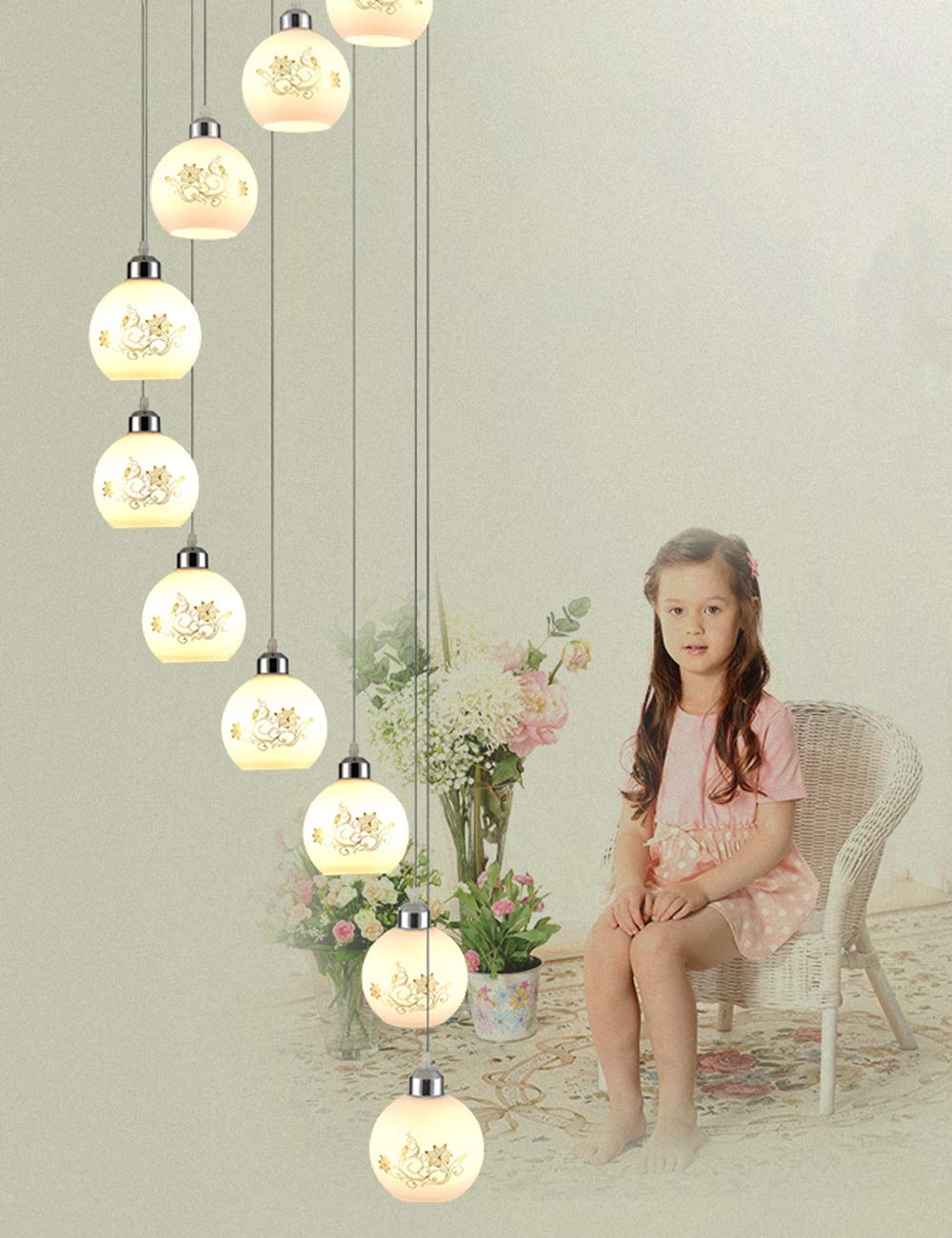LYMSXAZOU Pastoral Long Chandelier Duplex Restaurant Dining Room Glass Villa Creative Personality Modern Minimalist Staircase Chandelier, 10 Balls, 55x200cm Made in China
