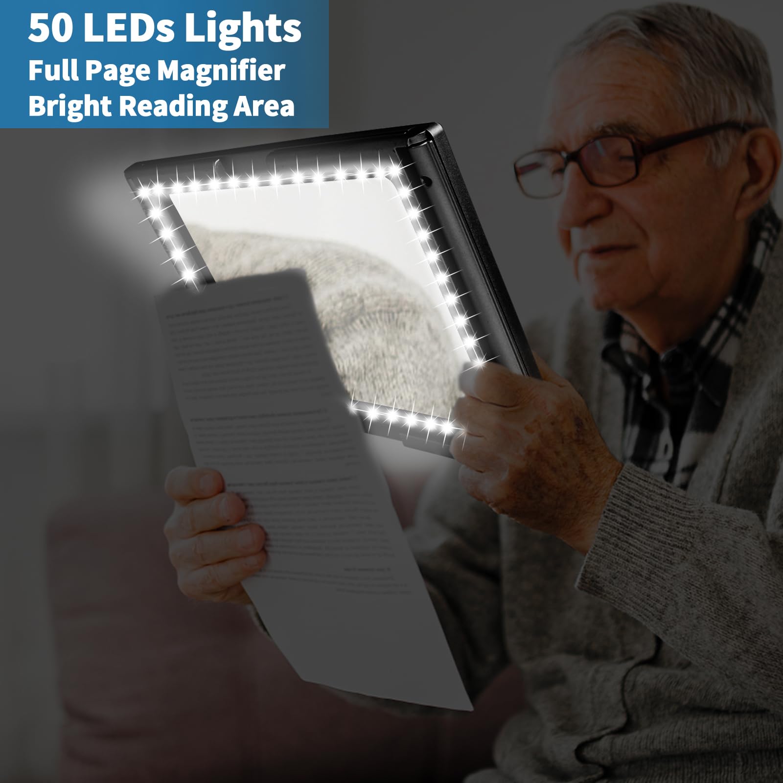 NZQXJXZ Lente Ingrandimento con Luce, 5X Lente d'ingrandimento a Mani Libere con 50 Luci LED, Lente più Grande, Lente di Ingrandimento Rettangolare Dotato di Cordino e Supporto, per Libro, Anziani