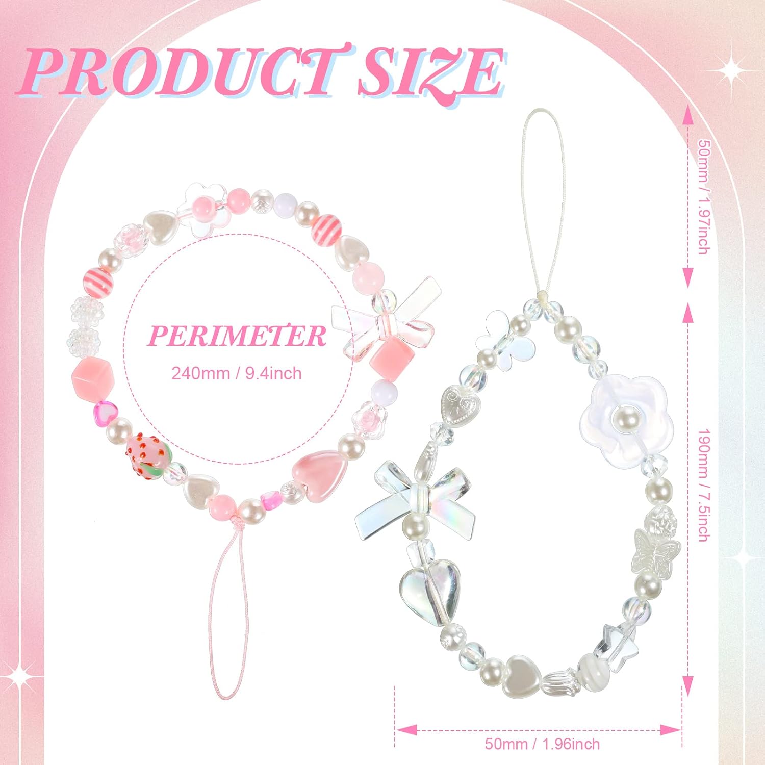 LEIFIDE 2 Pcs Beaded Phone Charms Strap Pink Cute Aesthetic Lanyard Wrist Strap Beaded Phone Keychain Charm Anti-theft Chain String for Women Gifts for Camera Bag Cellphone Decor(Heart)