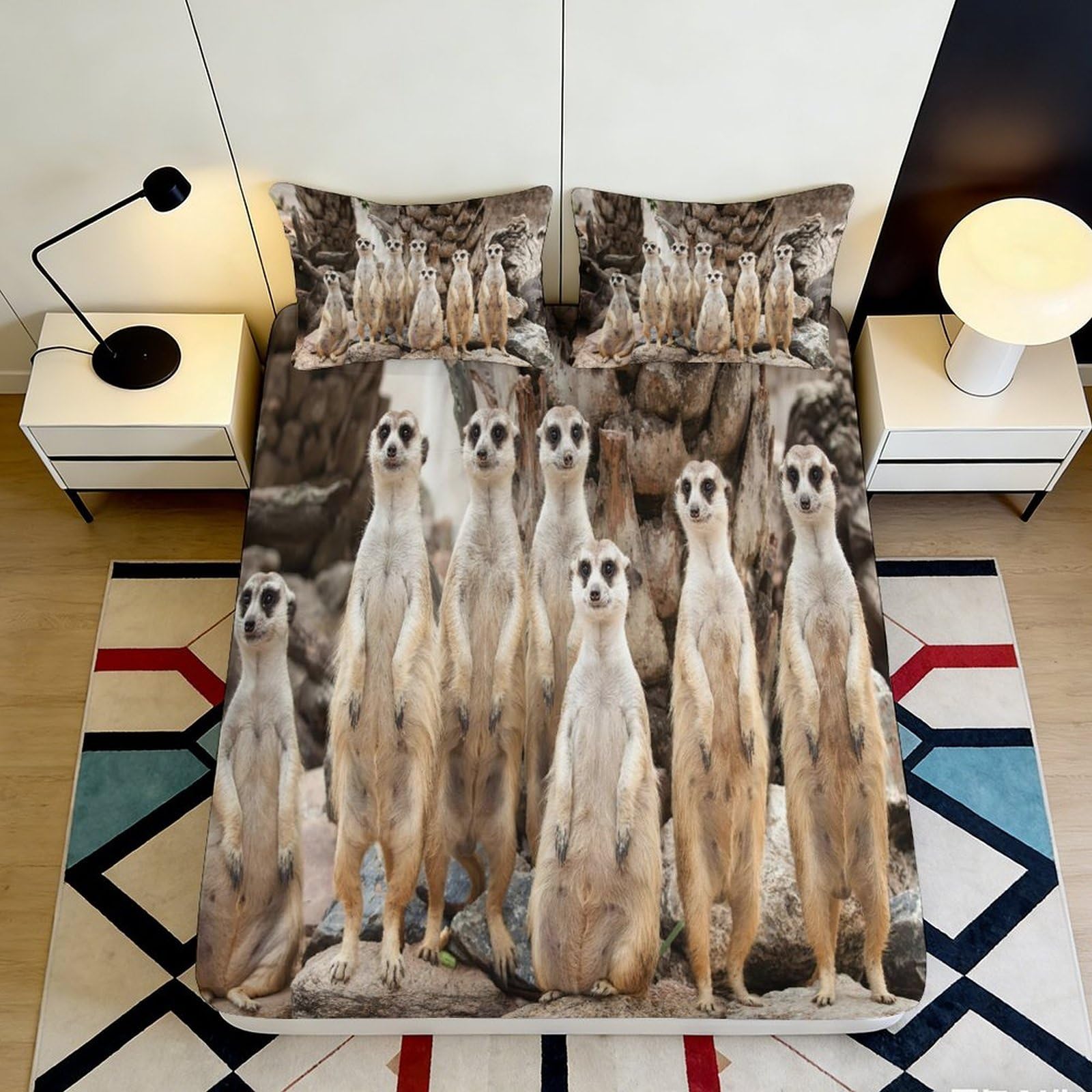 3D Printed Meerkat Group Fitted Sheet Microfiber Soft Animal Pattern Mattress Cover for Bedroom Dorm Decor 90x200x25cm