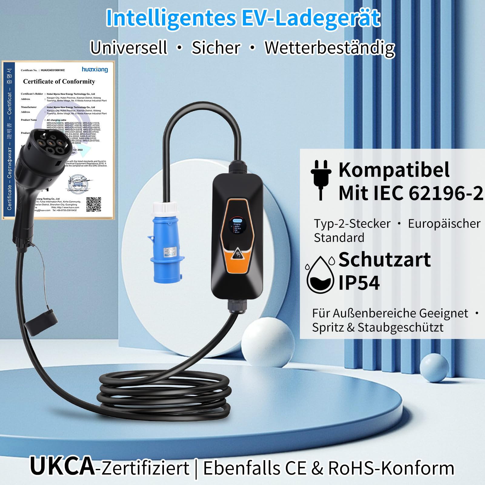 Type 2 EV Ladegerät 7KW, 6A/8A/10A/13A/16A/24A/32A Einstellbar,5m Ladekabel Dreiphasig, Tragbare Mobile Wallbox mit App-Steuerung für Fernzugriff&Ladezeitvorwahl, mit CEE Stecker, IP54 Schutz