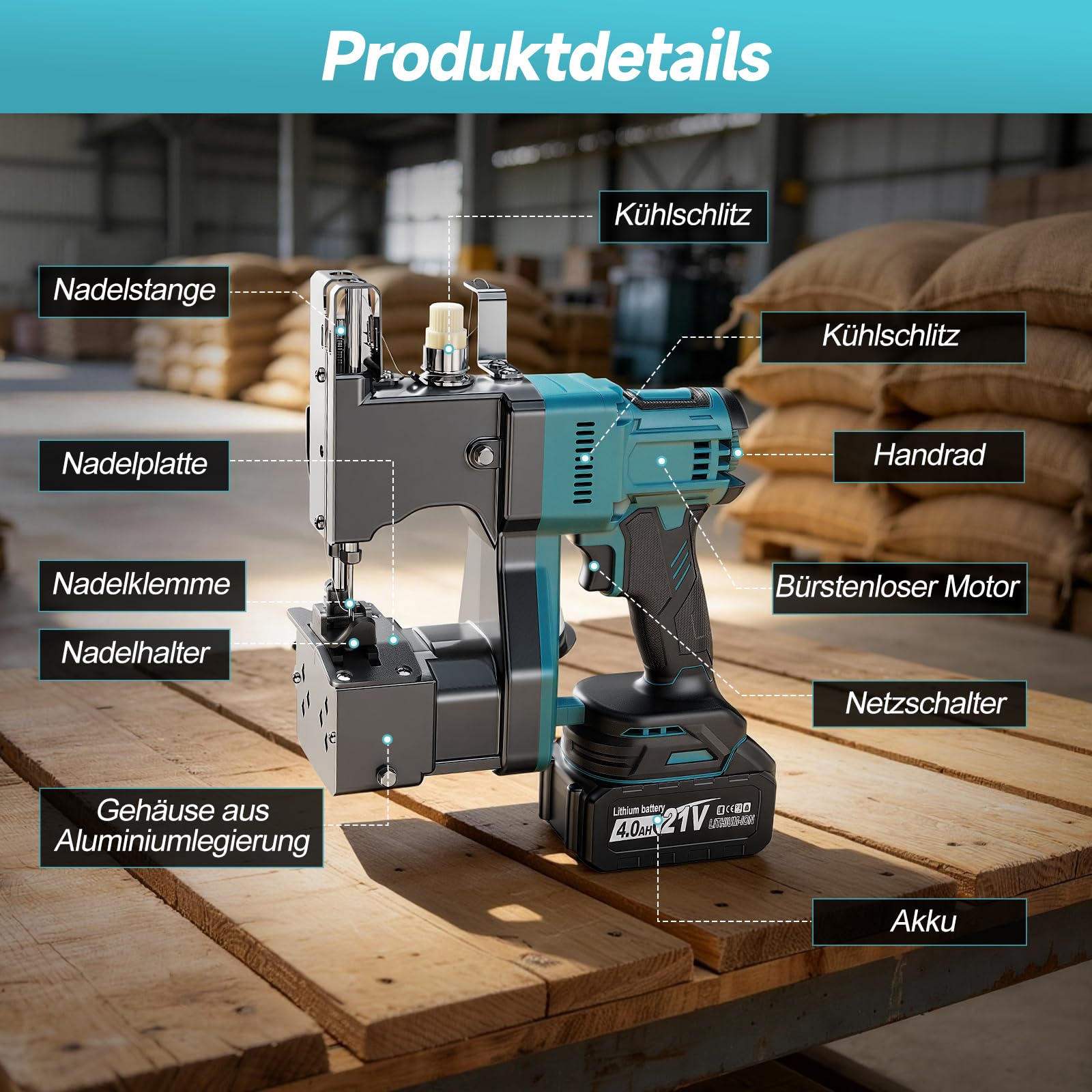 Yofuly Elektrische Sacknähmaschine Kompatibel mit Makita 18V Akku, Tragbare Nähmaschine mit 2 * 4.0Ah Akku, Nähstärke 0.1–10mm mit Automatischem, Handnähmaschine für Sandsack,Gewebesack,Getreidesack