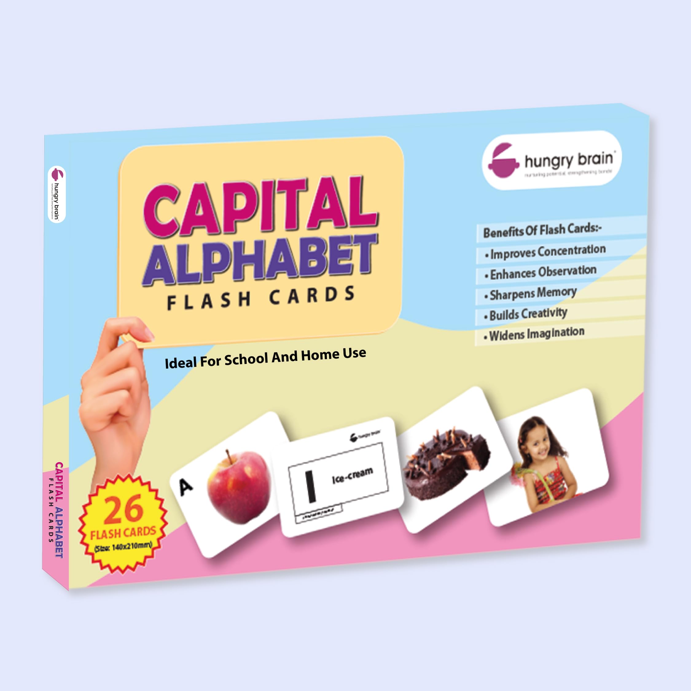 Hungry Brain Capital Alphabet Flash Cards for Toddlers – 26 Double-Sided Real Picture Learning Cards | Early Learning Educational Flashcards for Kids Ages 1–4 | Preschool & Montessori Toy for Babies