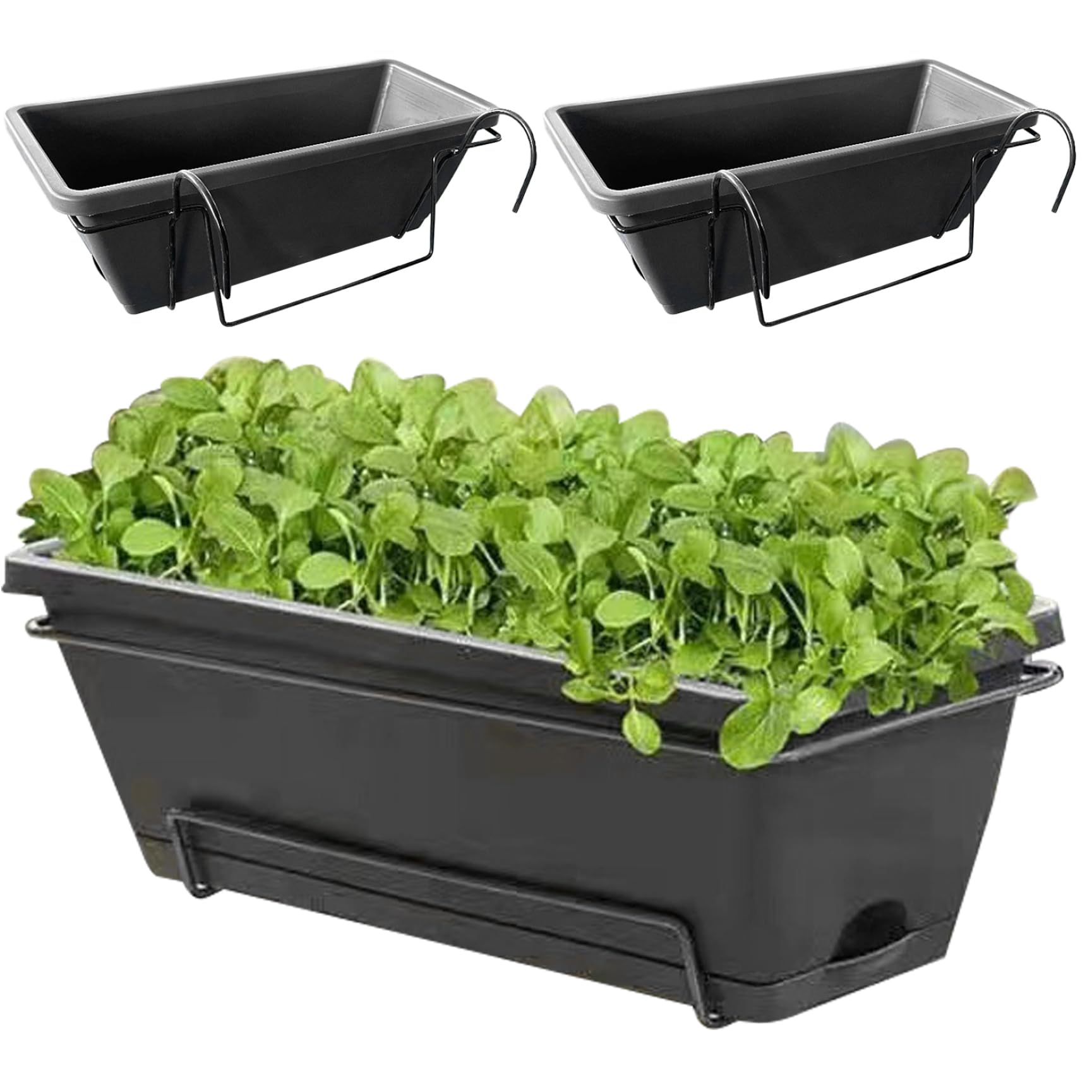 Vistnale Railing Planter Box|Railing Planter Box, 3PCS 17 Inch Rectangle Window with Drainage Holes and Trays, Resin Flower Boxes with Hanging Brackets