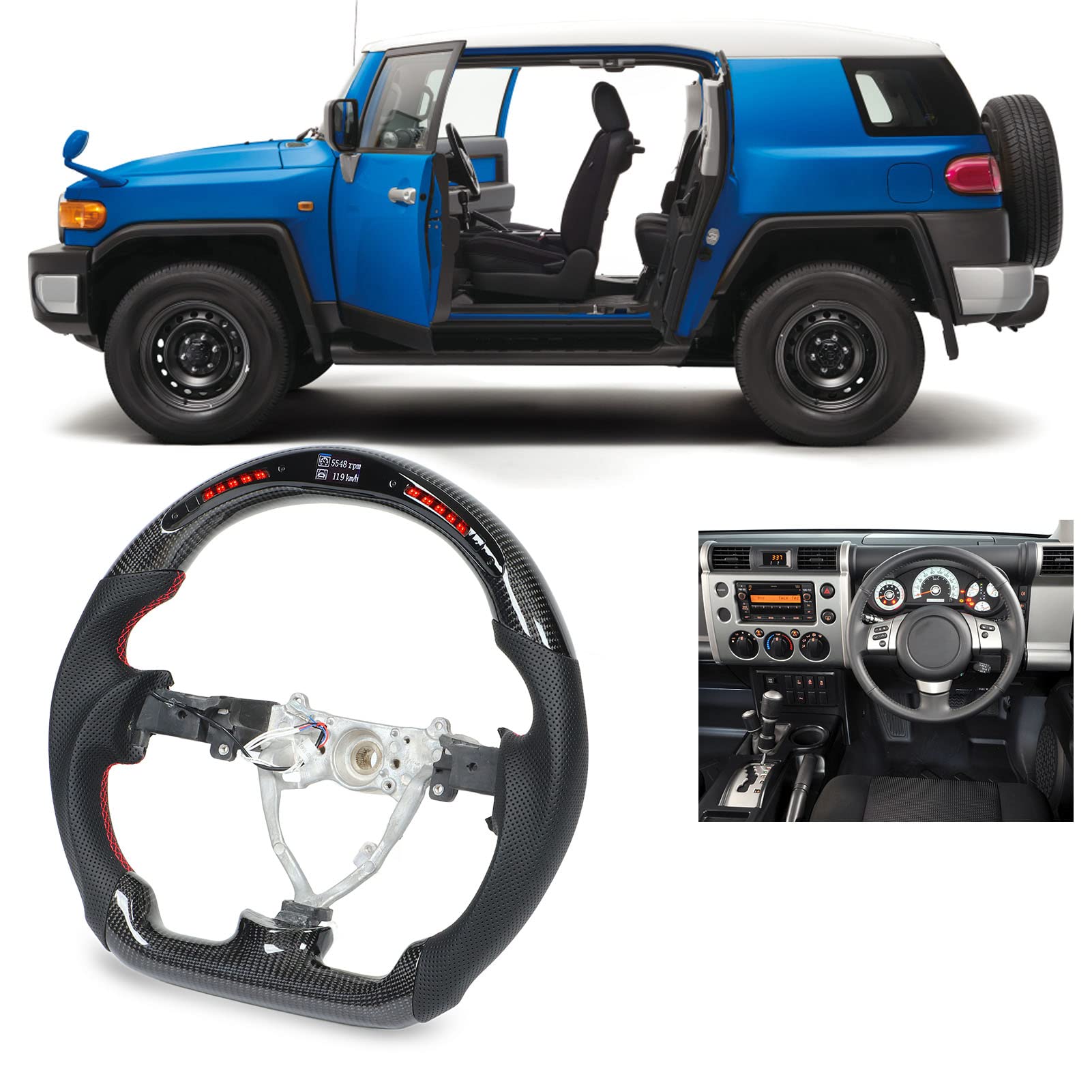 lyrlody Luces de LED Volante de Fibra de Carbono con Costuras Rojas de Repuesto para FJ Cruiser 2007-2017, Diseño de Carreras de Fondo Plano, Agarre Mejorado y Fácil Instalación