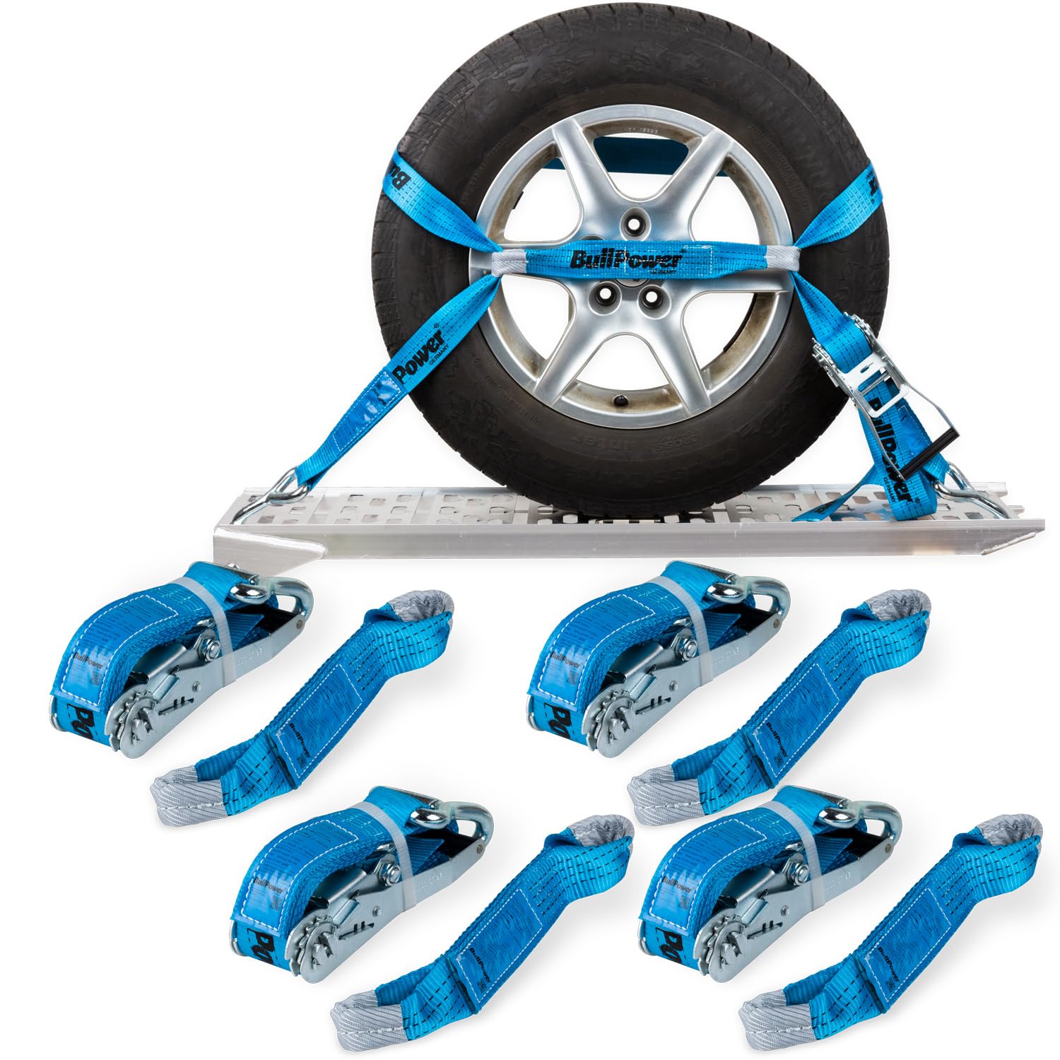 4X BullPower Spanngurte AZG251 - Autotransport PKW Zurrgurte Reifengurte Transportsicherungen 50mm - LC 4000 kg/daN mit Trapezband, Ratsche und Haken