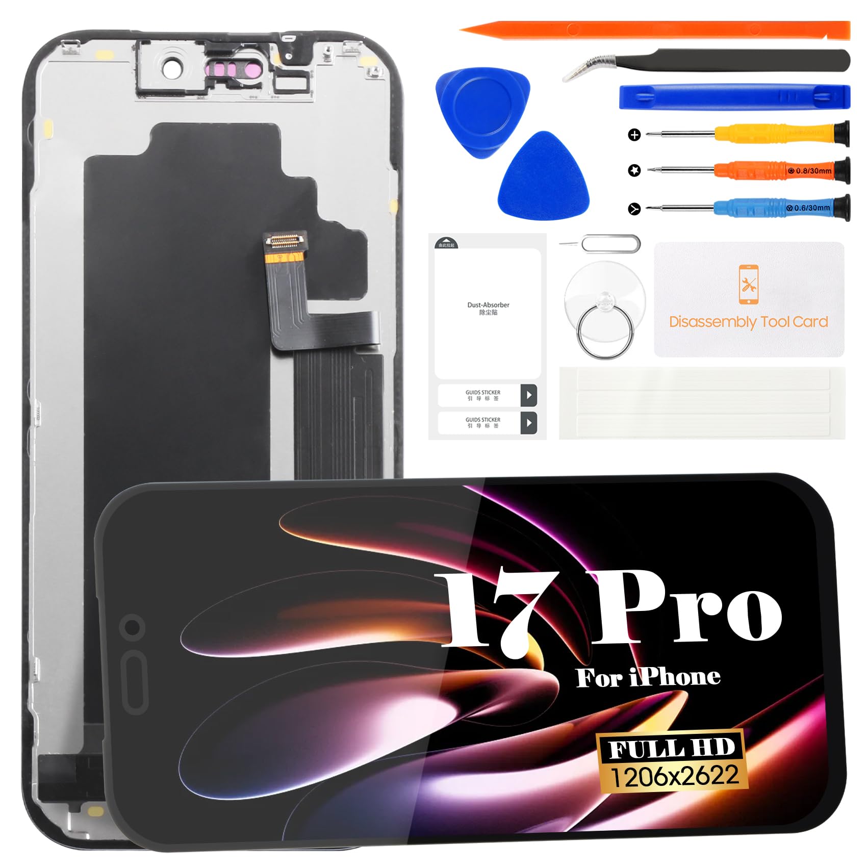 ARSSLY Schermo OLED di ricambio per iPhone 17 Pro A3256 A3523 A3522 A3524 Face ID 6,3 pollici LCD Display Schermo di Ricambio Touch Screen Digitizer Assembly con attrezzi, nero ARSSLY Schermo OLED di ricambio per iPhone 17 Pro A3256 A3523 A3522 A3524 Face ID 6,3 pollici LCD Display Schermo di Ricambio Touch Screen Digitizer Assembly con attrezzi, nero