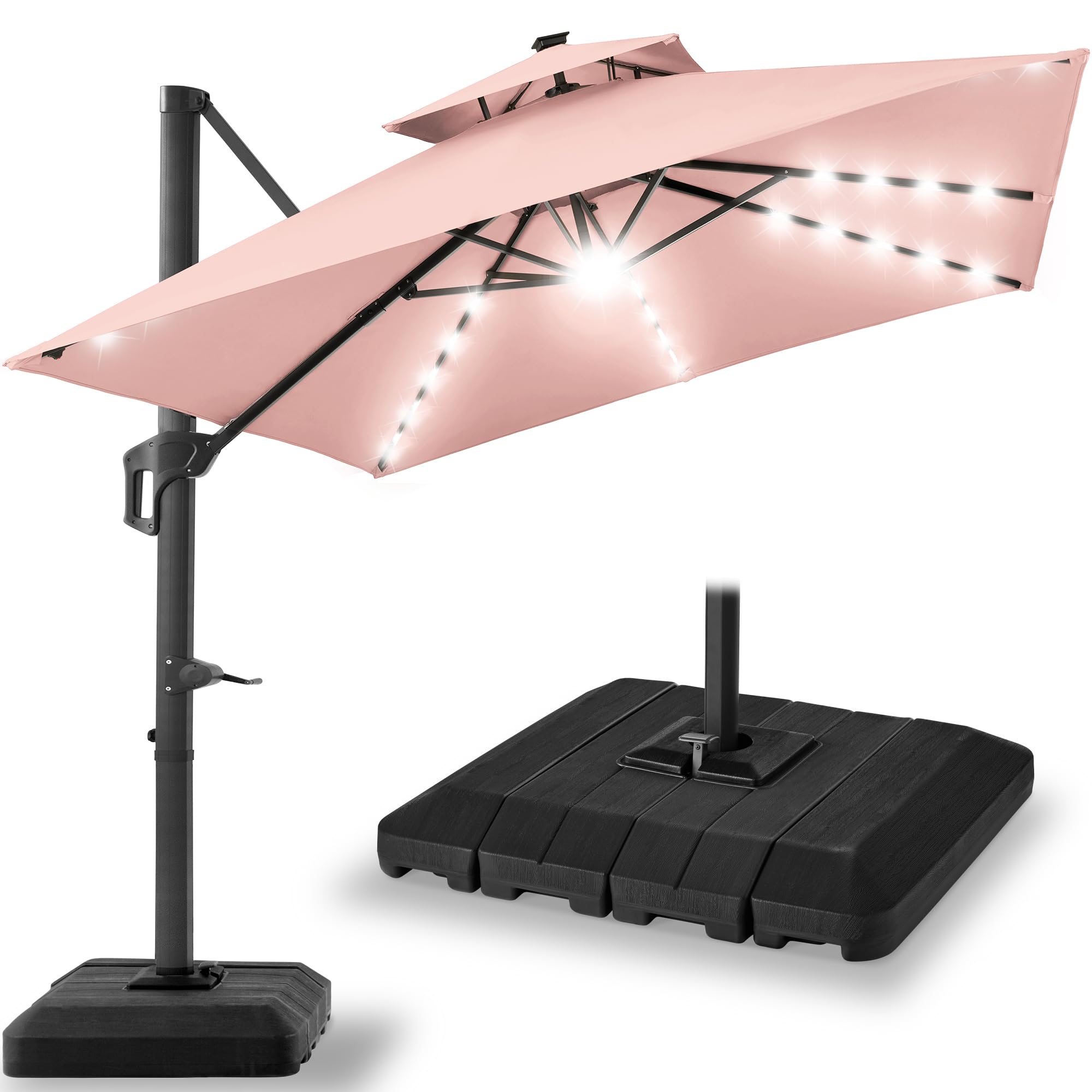 Best Choice Products 10x10ft Cantilever Patio Umbrella w/Base Included, Solar LED Lights 360 Rotation Large Offset Hanging Outdoor Shade for Deck Pool Backyard w/Stand – Rose Quartz