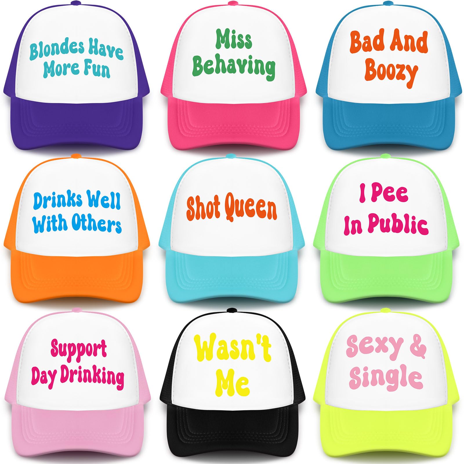 JaGely Lustige Junggesellinnenabschied-Hüte, Neon-Brauthut, Trucker-Mütze, bunt, Team-Kappe für Junggesellinnenabschied, Dekoration, Zubehör, 9 Stück