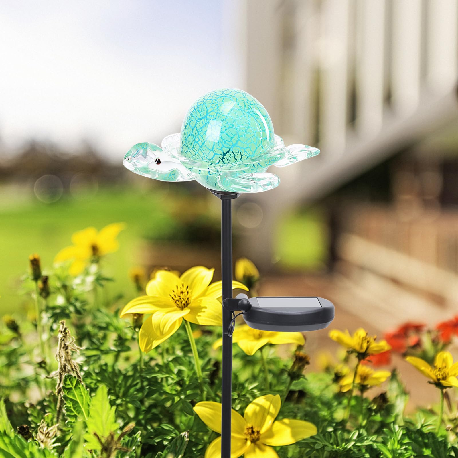 Bshine Luces solares de jardín decorativas al aire libre – Estaca solar de tortuga, estaca de vidrio soplado a mano, luces decorativas de camino para jardín al aire libre, césped, patio