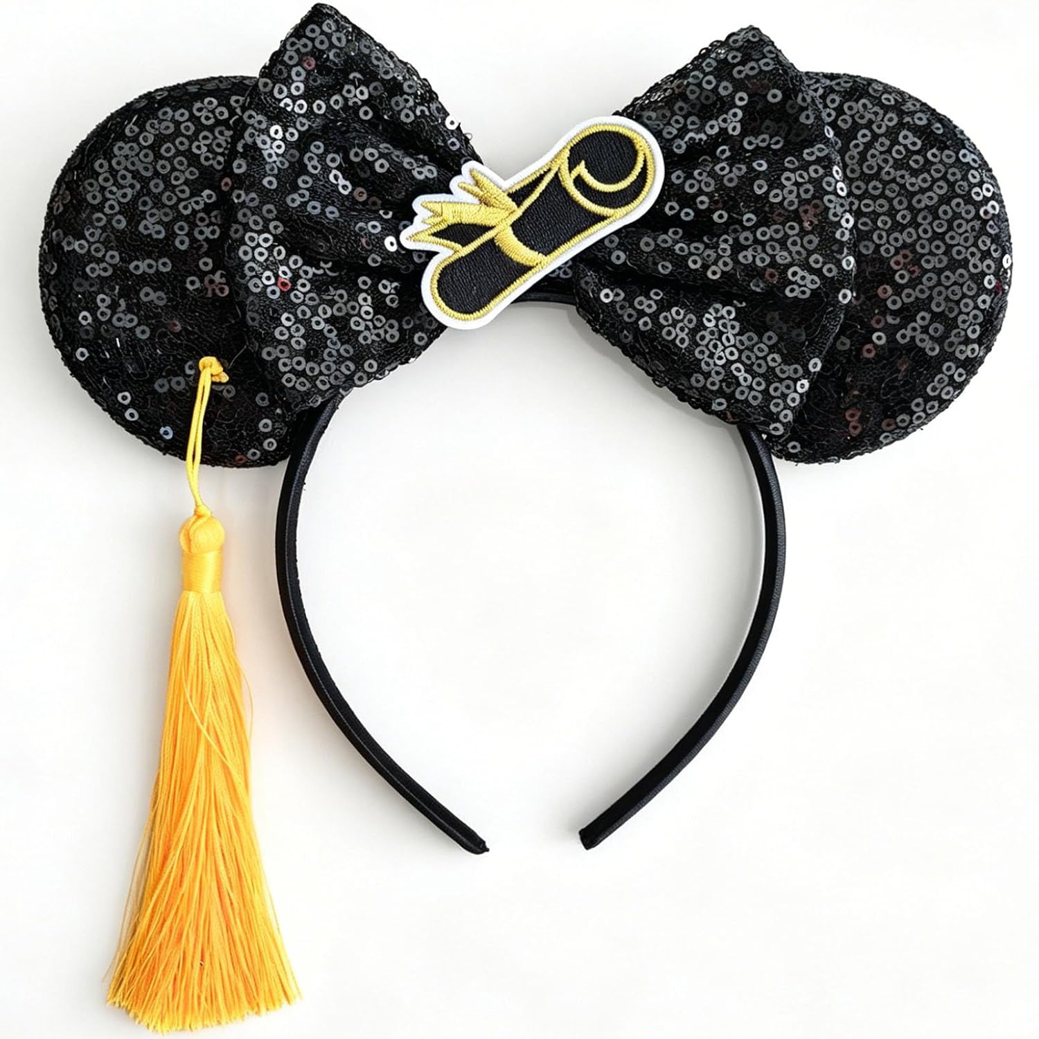 Graduation Headband with Black Sequin Bow, Cap Patch and Yellow Tassel