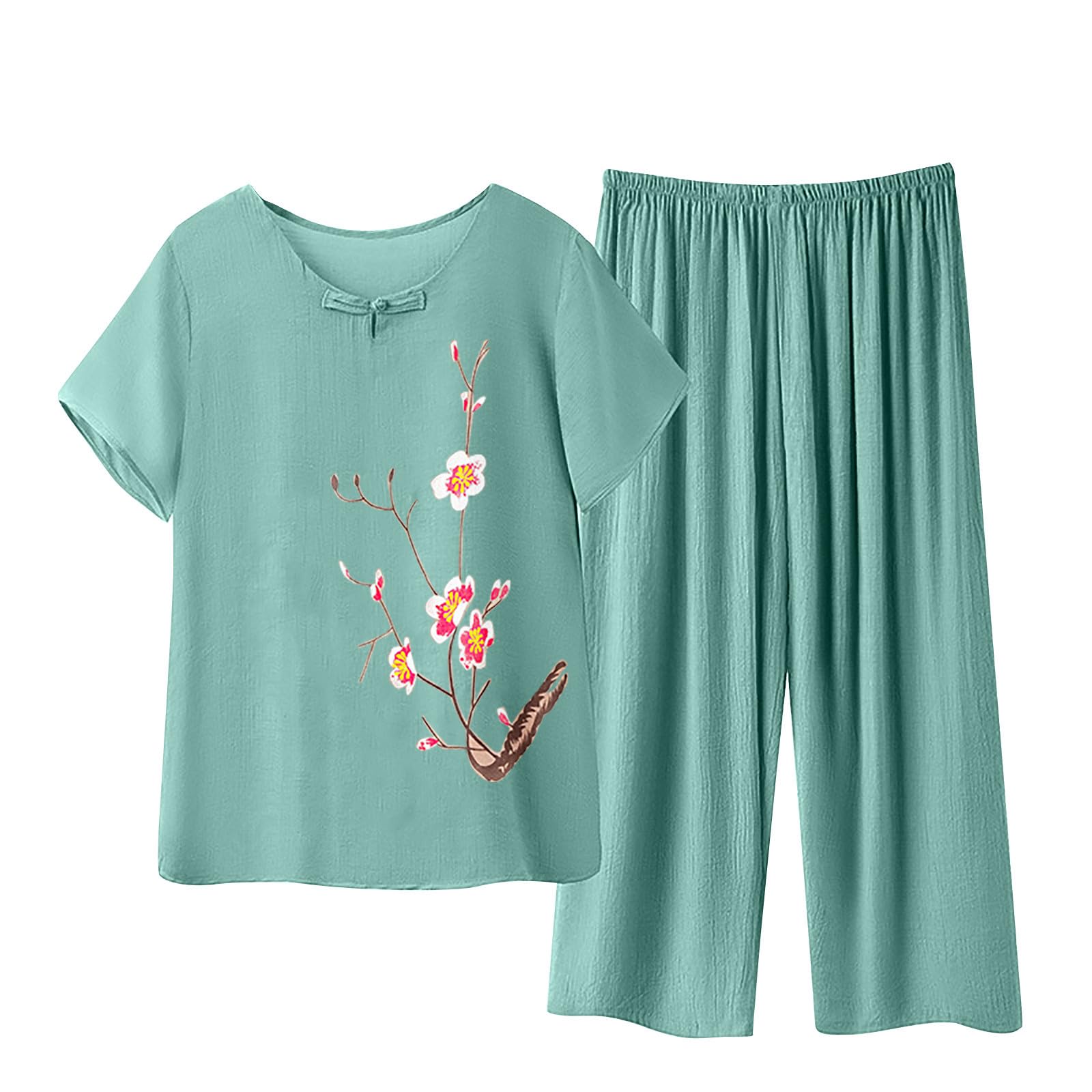 Casual Lounge Sets for Women Cotton Linen Summer Outfits 2 Piece Pajamas Floral Short Sleeve Tops and Wide