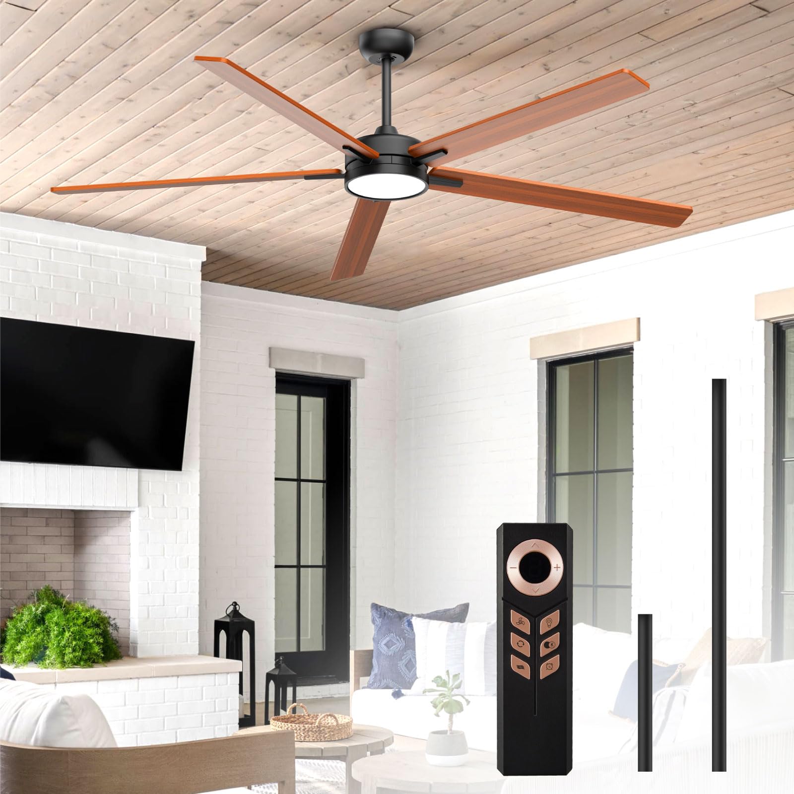 Skylike 72 Inch Wooden Ceiling Fans with Lights Led Remote Control Flush Mount Low Profile for Living Room Outdoor Patio,Buzzer ON & Off,DC Motor,Reversible,Dimmable,Large,Black,Solid Wood Blade