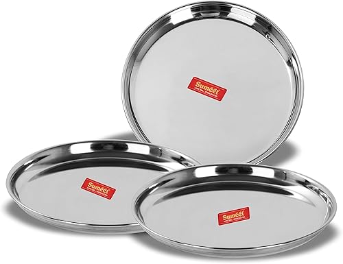 Miniatura 6 de Sumeet Platos llanos de acero inoxidable de calibre pesado con acabado de espejo 6.7 in de diámetro - Juego de 3 piezas