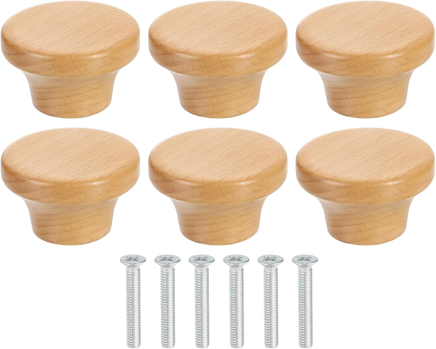 uxcell 6Pcs Round Wood Drawer Knob, 1 5/8" Diameter Flat Head Dresser Knobs Wooden Knobs with Screws for Furniture Drawer Dresser Wardrobe Cupboard, Walnut