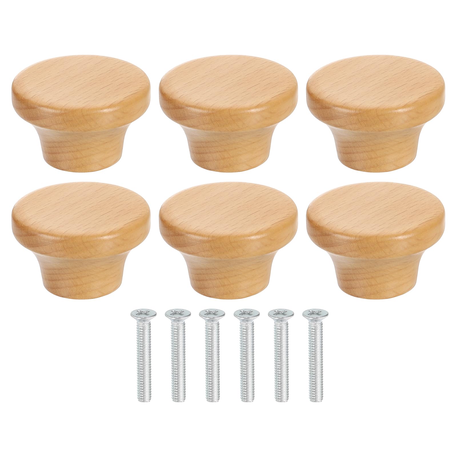 Boutons de tiroir en hêtre de 38mm à tête plate lot de 6 avec vis de fixation