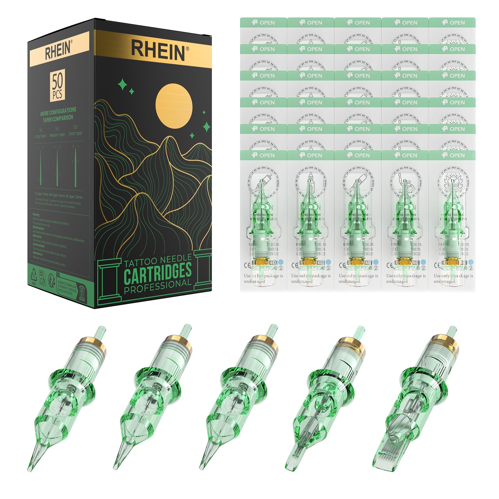 RHEIN Disposable Tattoo Needles Cartridges Set Mixed 50 Pieces #12 Standard Round Liner/Magnum 3RL 5RL 7RL 9RM 15RM Accessories EN02R-50KIT-X