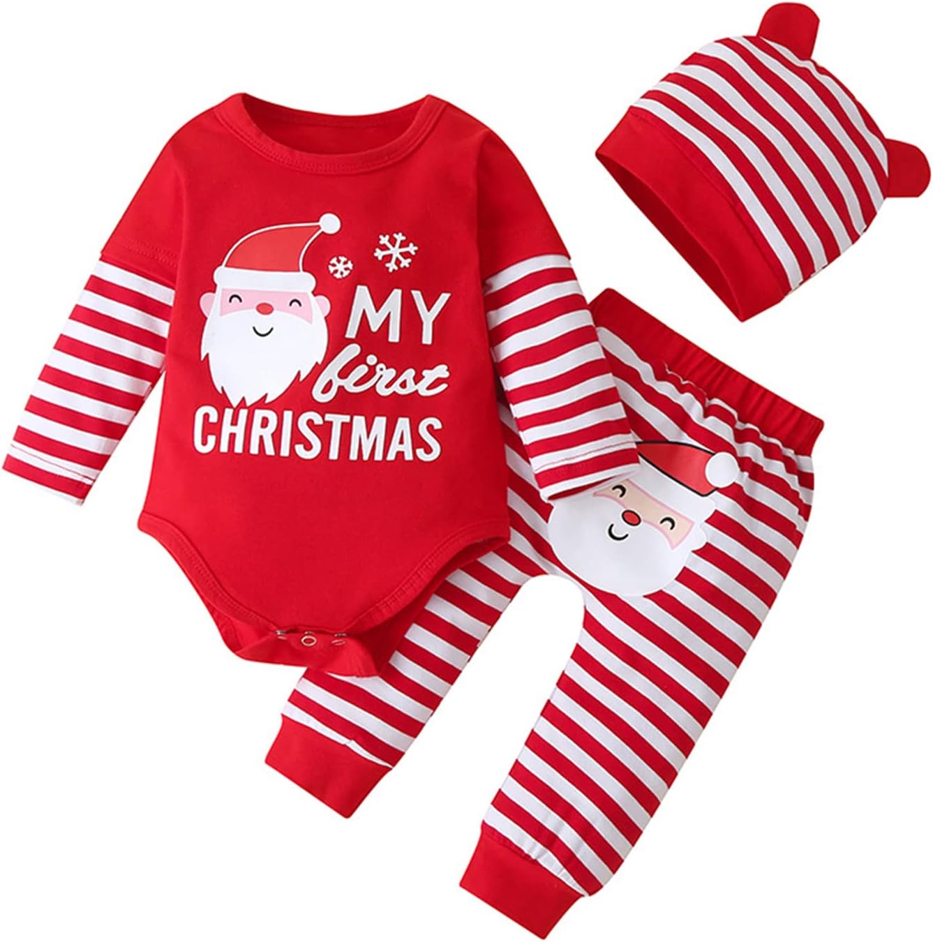 imKutie Baby First Christmas Outfits, Newborn Baby Girl Boy Red Striped Xmas Santa Romper Pants with Hat 3PCS Clothes Set 0-24 Months