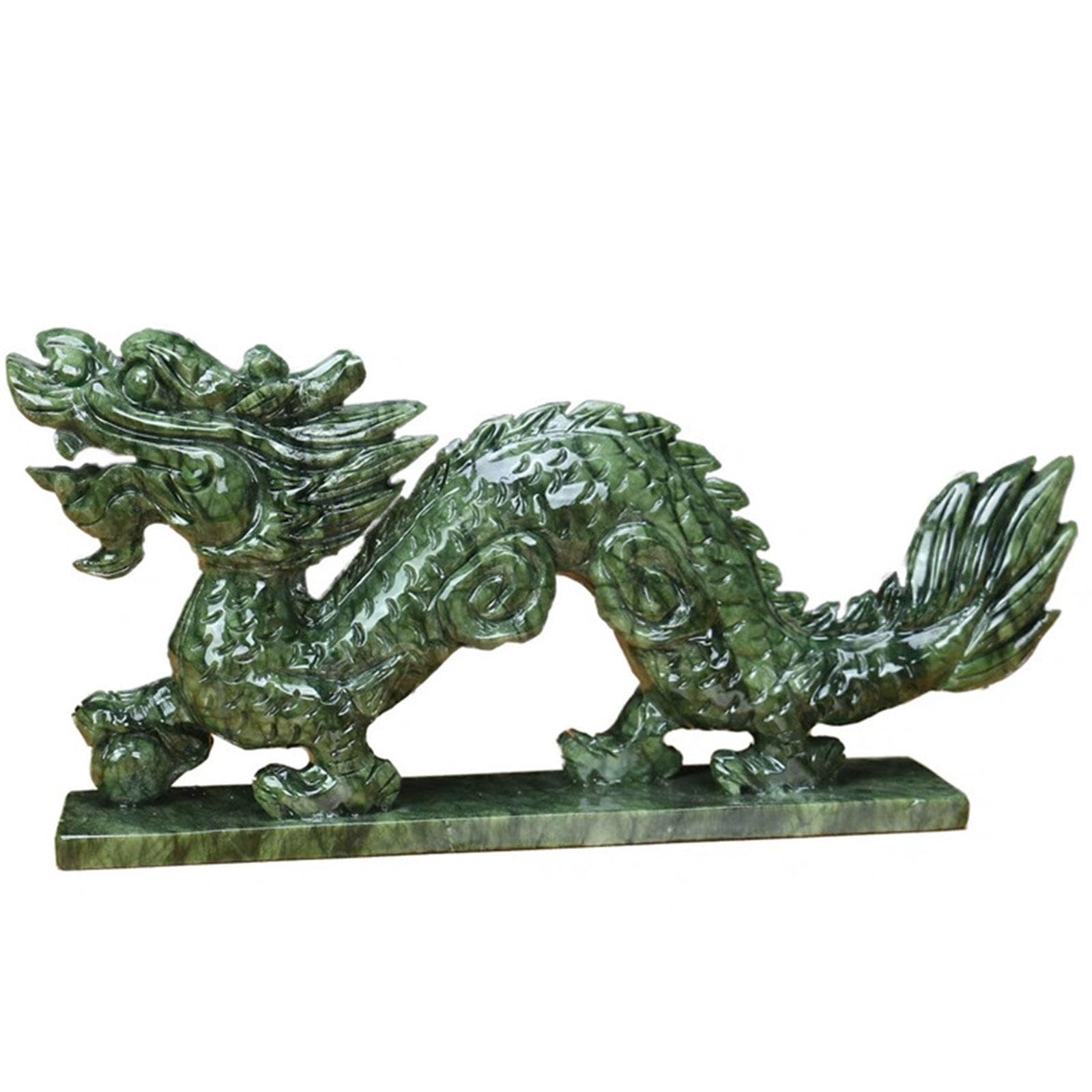 Jade Natural Qinglong Escultura de Estatua de Estatuilla de Dragón Chino Feng Shui Decoración de Escritorio para La Oficina en El Hogar para La Suerte y El éxito,11x2.4x5.9in