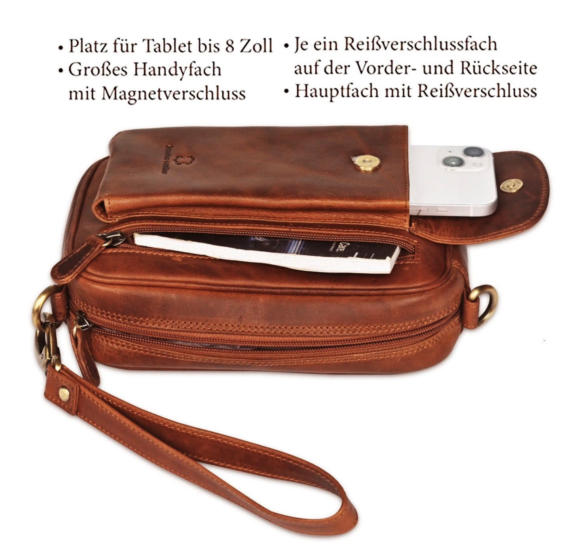 Leder Handgelenktasche für Unisex aus Rindleder 21- (147A) Herrentasche echtes Leder Tasche Bag Neu Farbe Cognac