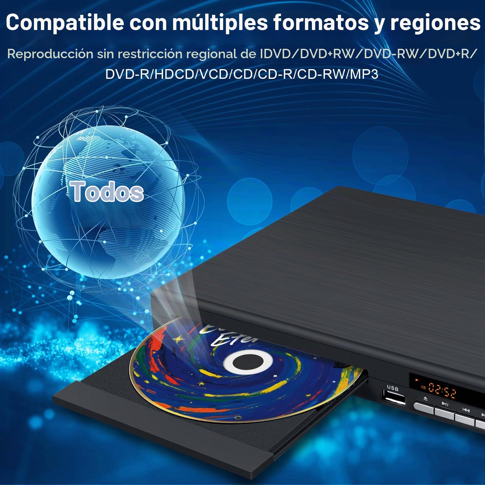Reproductor DVD Multizona para TV | JOVELL Reproductor DVD Compacto para Hogar con Salida Coaxial, HDMI y RCA | Lector DVDs/CD con Entrada USB para Todas Las Regiones y Multiformato (No BLU-Ray)