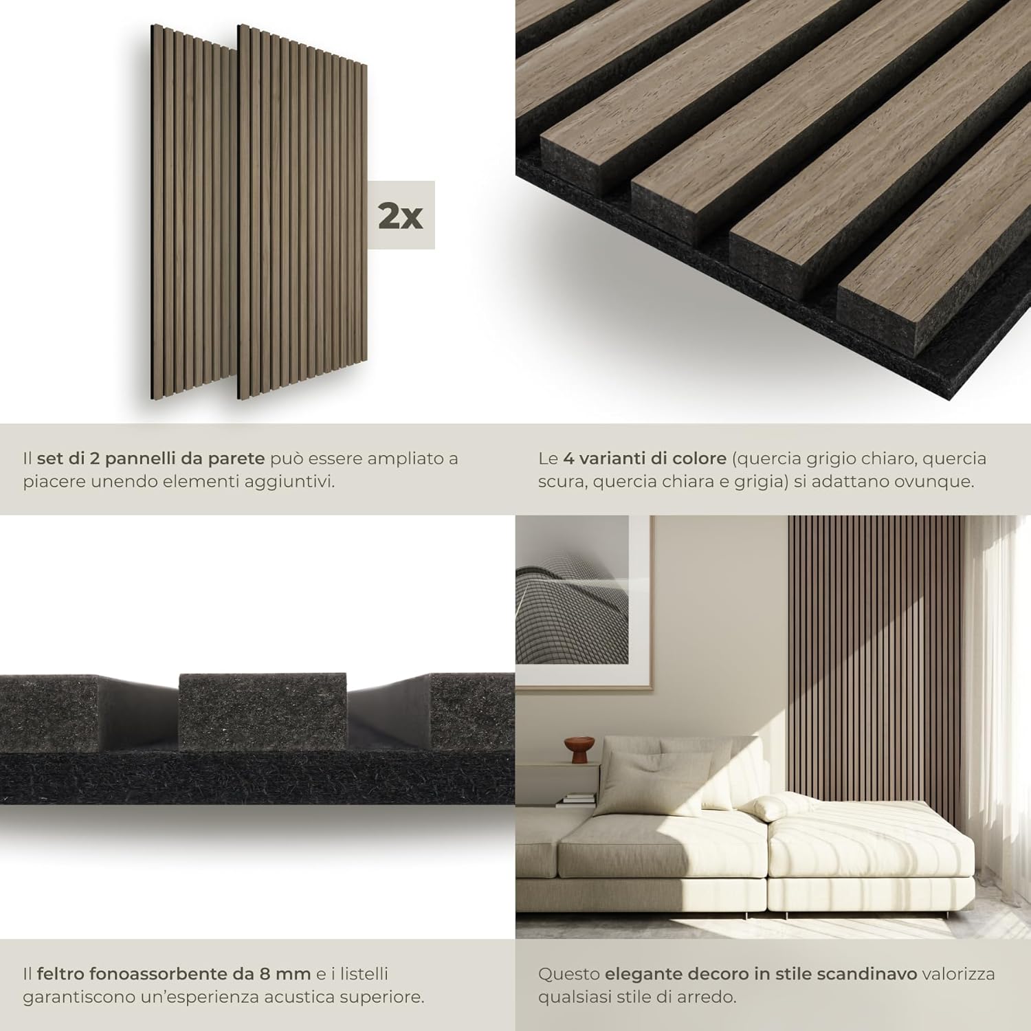 Detailní view of the TecTake acoustic panels, showing the wooden slats and the thick felt backing, emphasizing the construction for sound absorption.