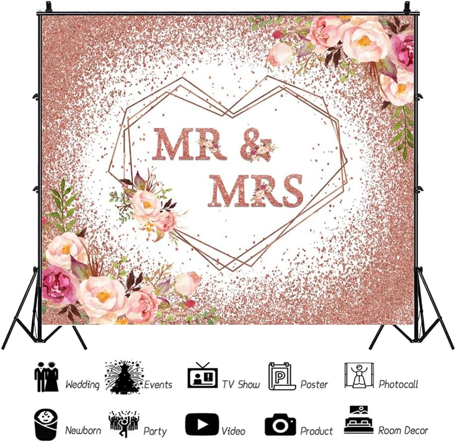 Mr and Mrs Wedding Backdrop 10x8ft Rose Gold Glitter Bridal Shower Wedding Photography Background Large Party Decorations Portrait Shoot Photoshoot Background