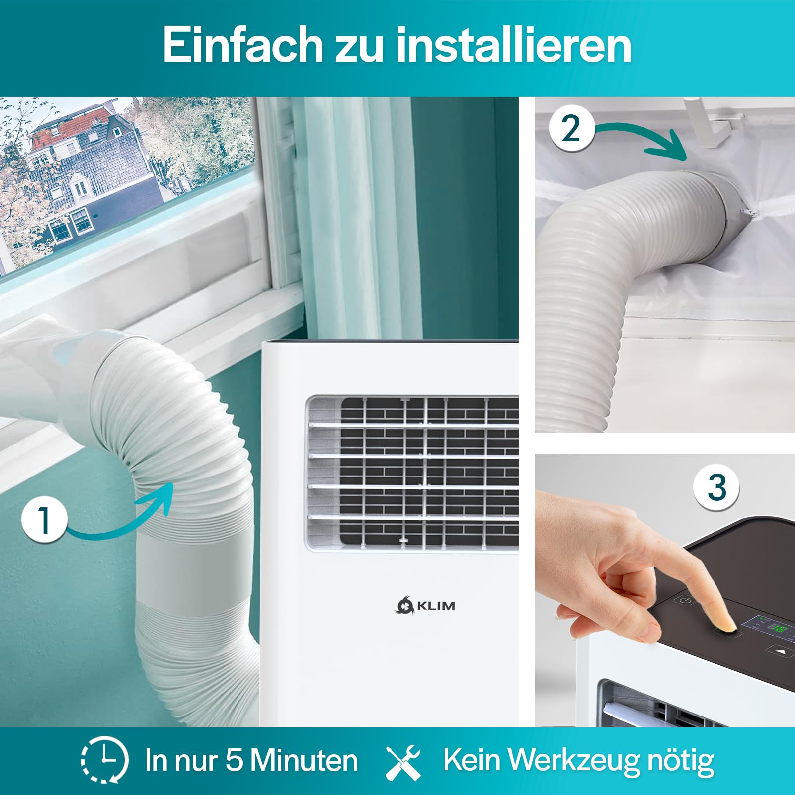 KLIM K9000-3-In-1 KLIMaanlage Mobil - Fernbedienung - Mit Integrierter Entfeuchtungsfunktion, Ventilator und Kühlmodus- 9000 BTU Tragbare KLIMagerät - Weiß
