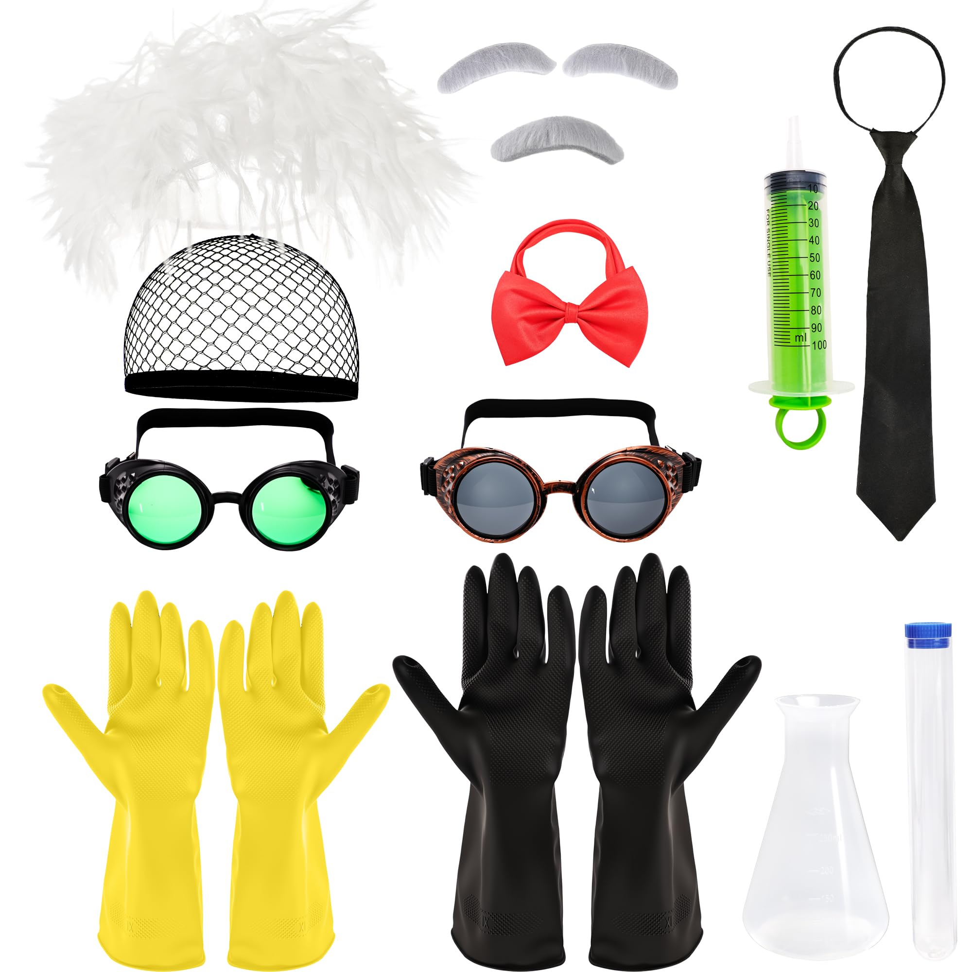 Puteraya 13 PCS Adult Mad Scientist Costume Halloween Crazy Physicistt Couple Accessories Set Old Man Scientist Wig for Halloween Cosplay Party