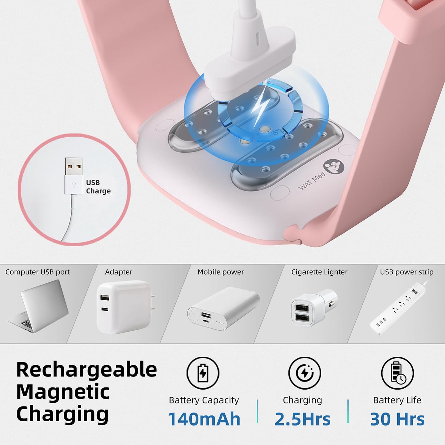 EmeTerm Fashion Pink Anti-Nausea Wristband Bundle with 2 Charging Cables and 2 Conductive Gels