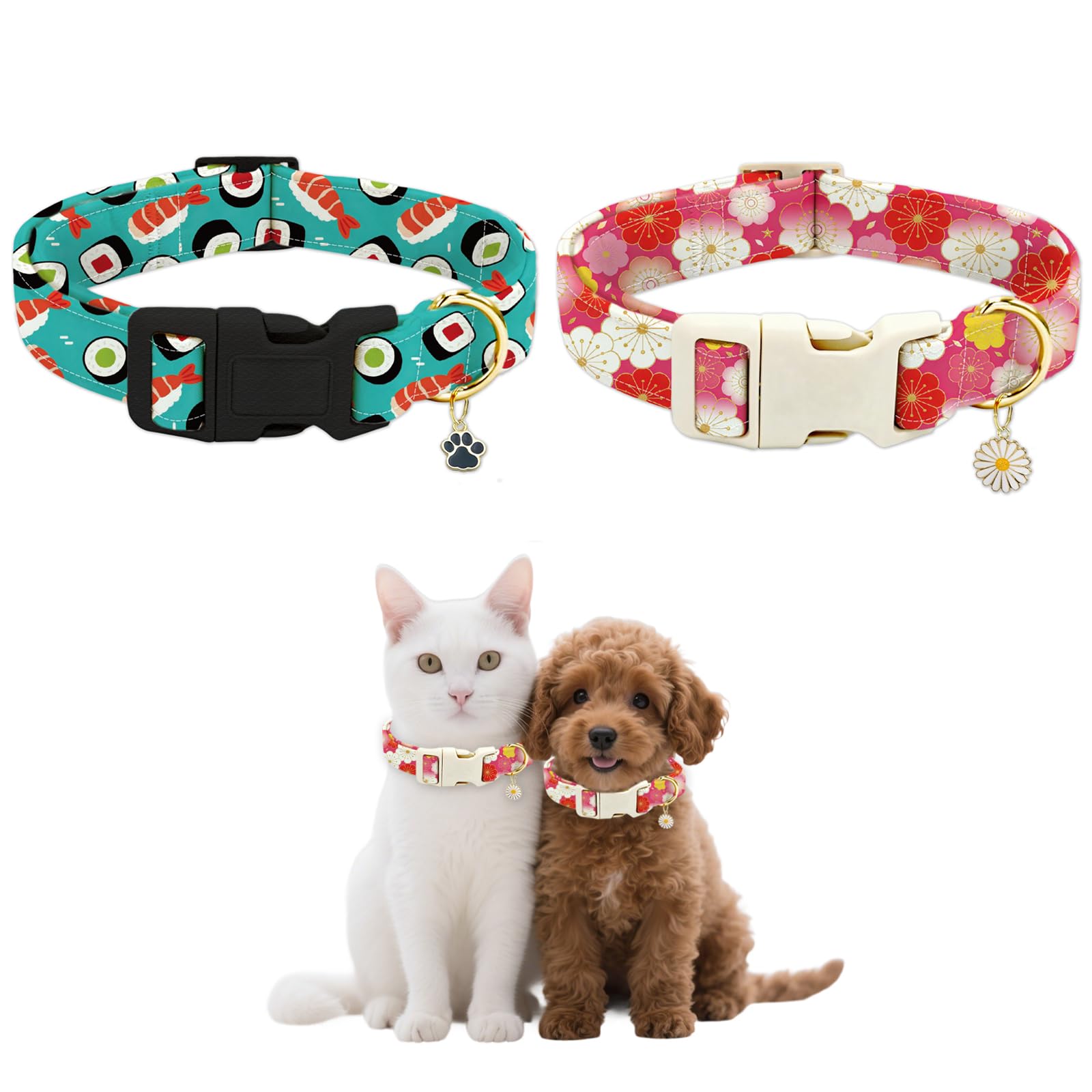 GLOBLELAND 2 Pcs Japanese Style Collar for Daily Pets Sushi Pet Collars Cherry Blossom Adjustable Soft Cat Collar with Quick Release Buckle for Small Dogs Walking Running