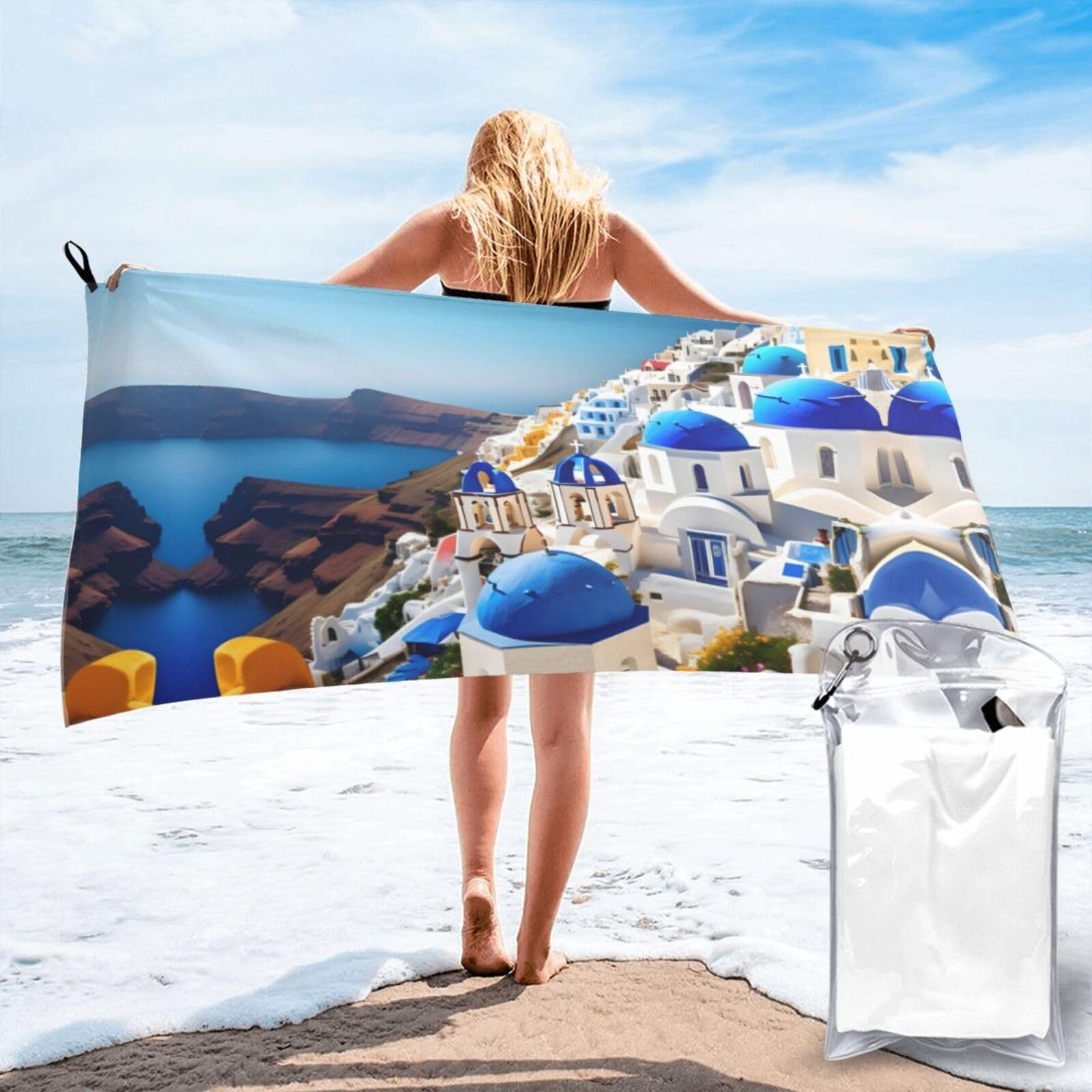 Nimongt Men's White Santorini Greek Island Sea View Print Adult Towel Travel Gym Beach Hiking Yoga Camping Lightweight Quick Dry Versatile