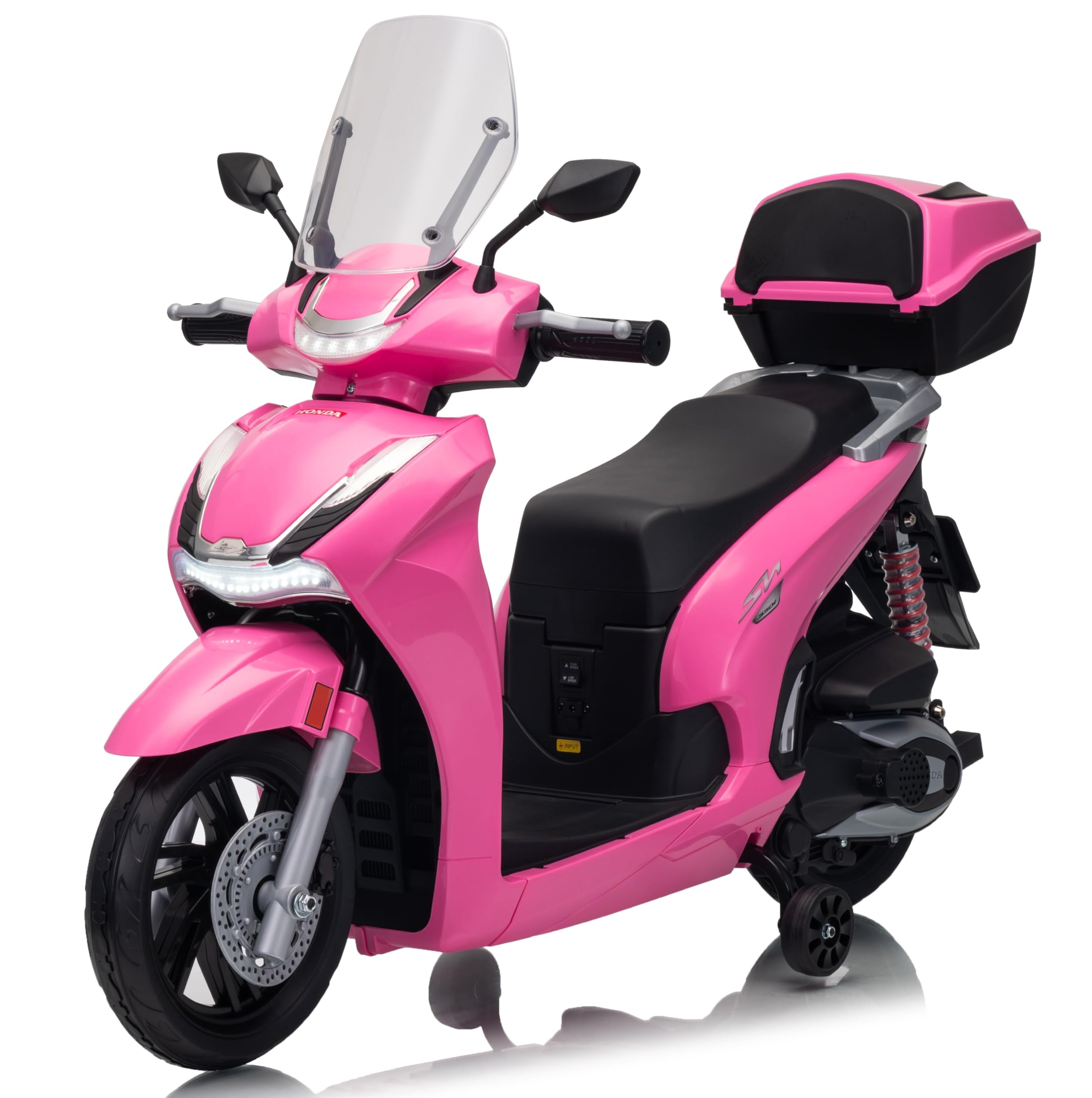 Honda SH 350 12V Moto Elettrica per Bambini con Licenza Ufficiale, Scooter Elettrico con Ruote in Gomma, Sedile in Pelle, Bauletto, Rotelle Stabilizzatrici, Luci LED e Suoni, MP3 Rosa