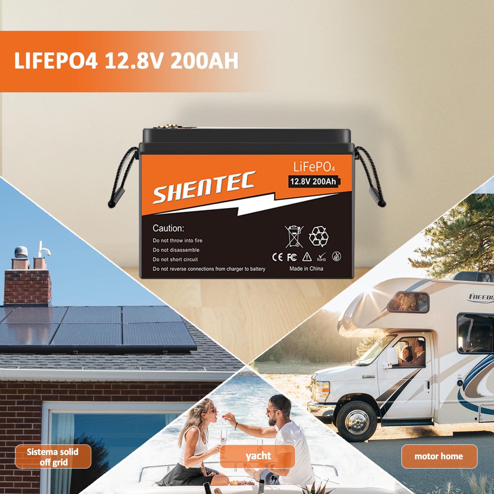 Shentec Lifepo4 12V 200Ah batería Solar de Litio con BMS 200A, 200A Corriente máxima, 5000+ ciclos. Batería de Salida LiFePO4 para campistas, Camping, Motores electrónicos, Barcos
