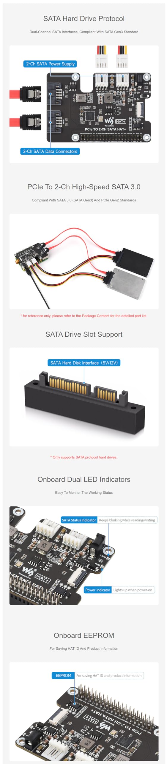PCIe na 2-kanałowy adapter SATA HAT+ do Raspberry Pi 5, karta rozszerzeń SATA 3.0 ze wskaźnikami LED, EEPROM, Plug and Play, szybka pamięć HDD/SSD