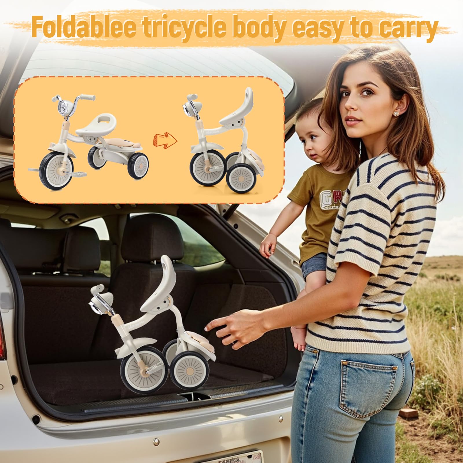 UBRAVOO Bebés Triciclo Plegable, con Pedales, Luces Geniales, Ruedas Duraderas y Asiento Cómodo, Triciclo para Niñas y Niños de 1 a 5 Años (Blanco)
