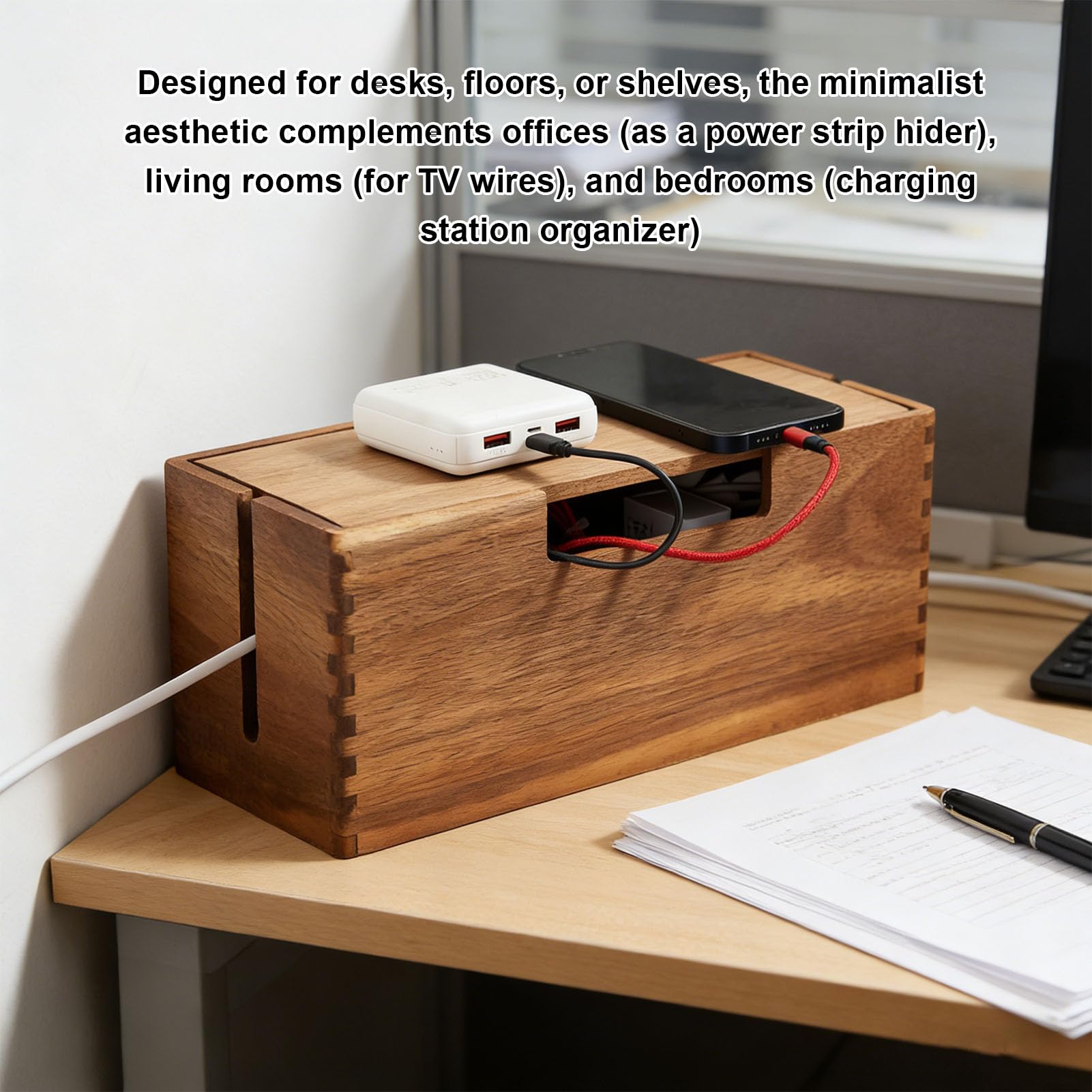 CHICIRIS Scatola Gestione Cavi, Organizer Spegnicavo in Legno per Ciabatta e Cavi TV, Design in Legno di, 12,6x5,51x5,12 Pollici per da Scrivania e da Pavimento
